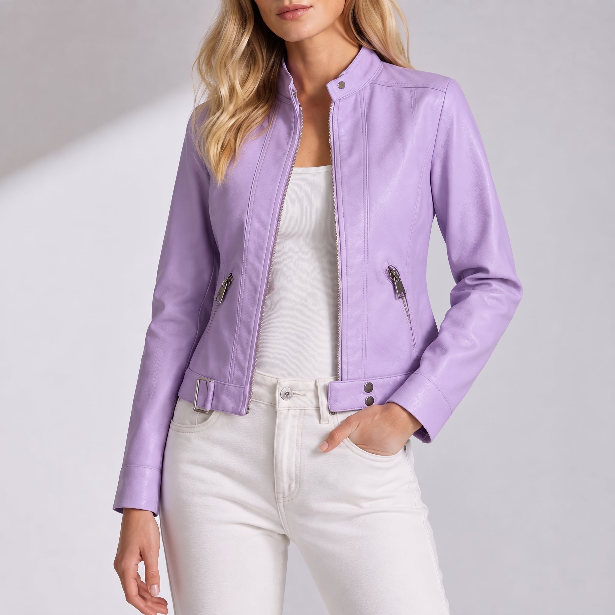 Olivia - Women's Fitted Band Collar Full Zip Panel Jacket - Jackets - Purple - Taylor & Bennett