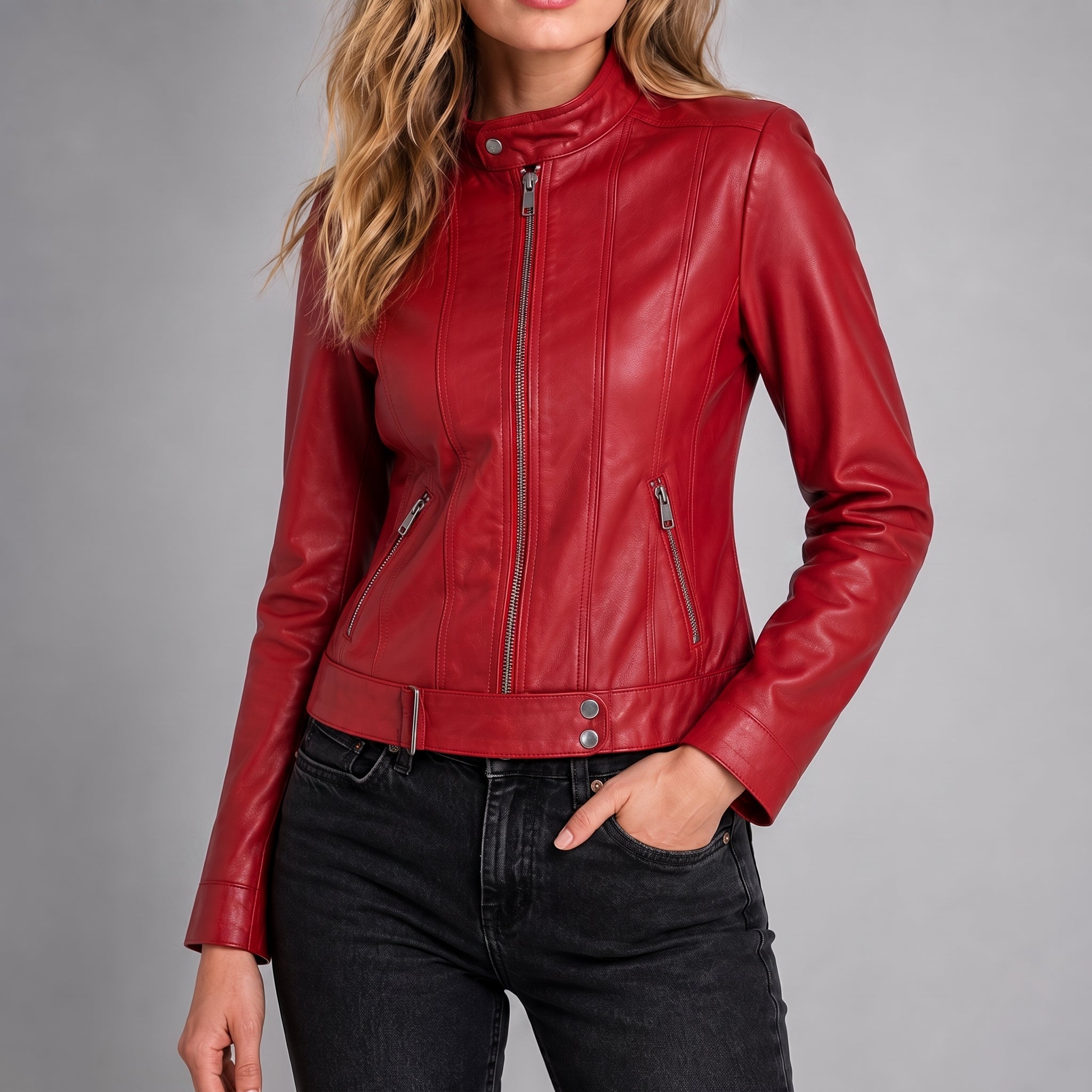 Olivia - Women's Fitted Band Collar Full Zip Panel Jacket - Jackets - Red - Taylor & Bennett