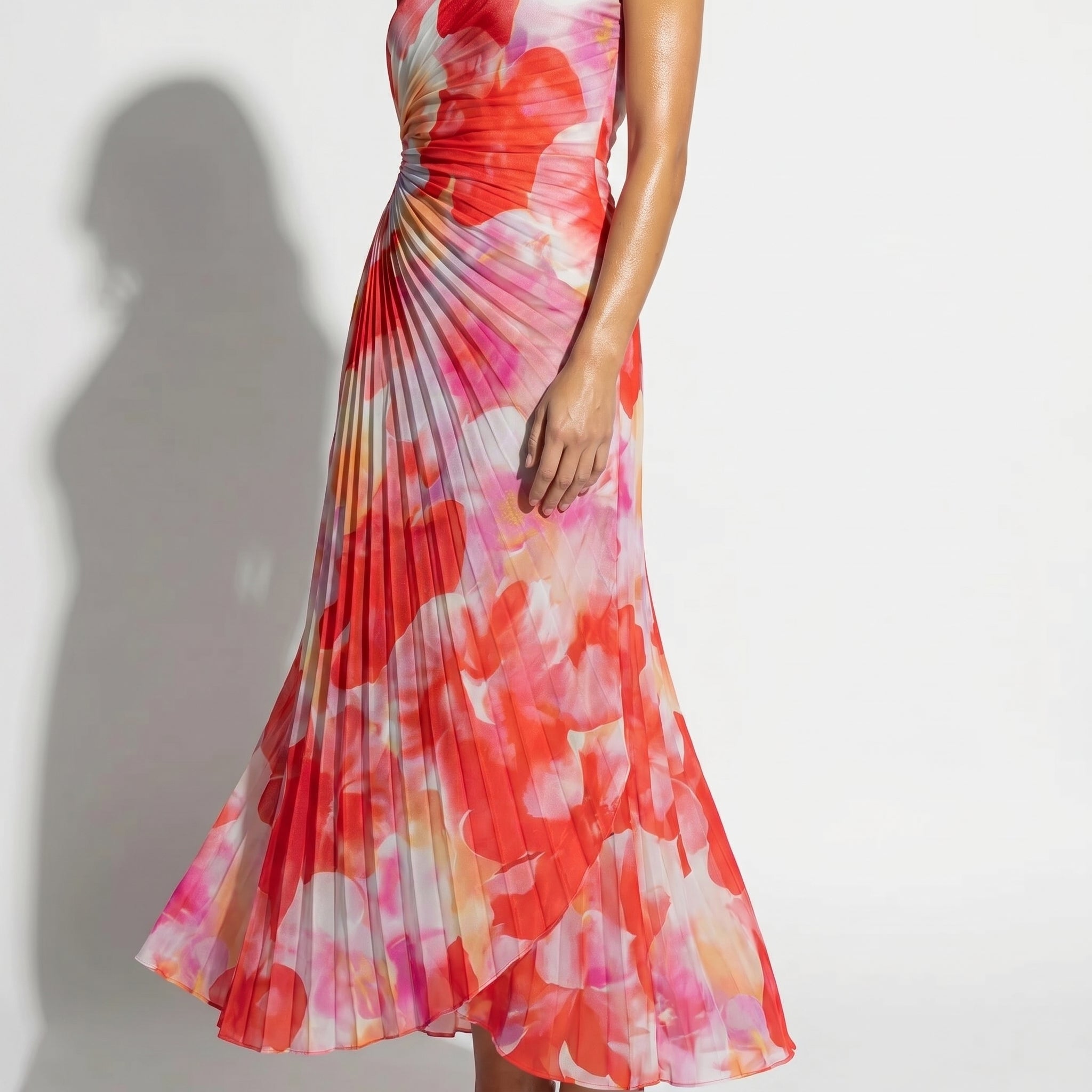 Olivia - Women's One Shoulder Floral Print Pleated Maxi Dress - Dresses - Red - Taylor & Bennett