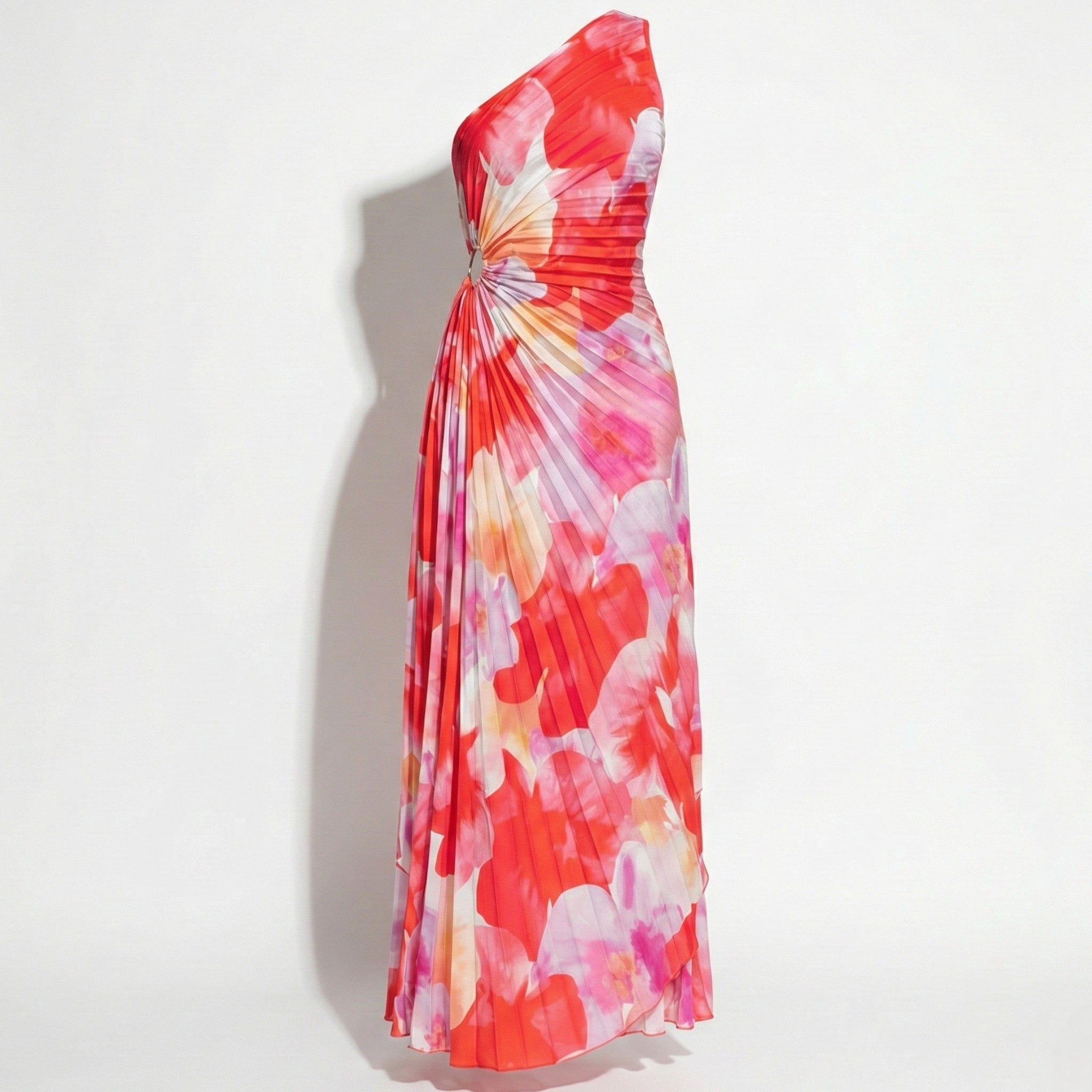 Olivia - Women's One Shoulder Floral Print Pleated Maxi Dress - Dresses - Red - Taylor & Bennett