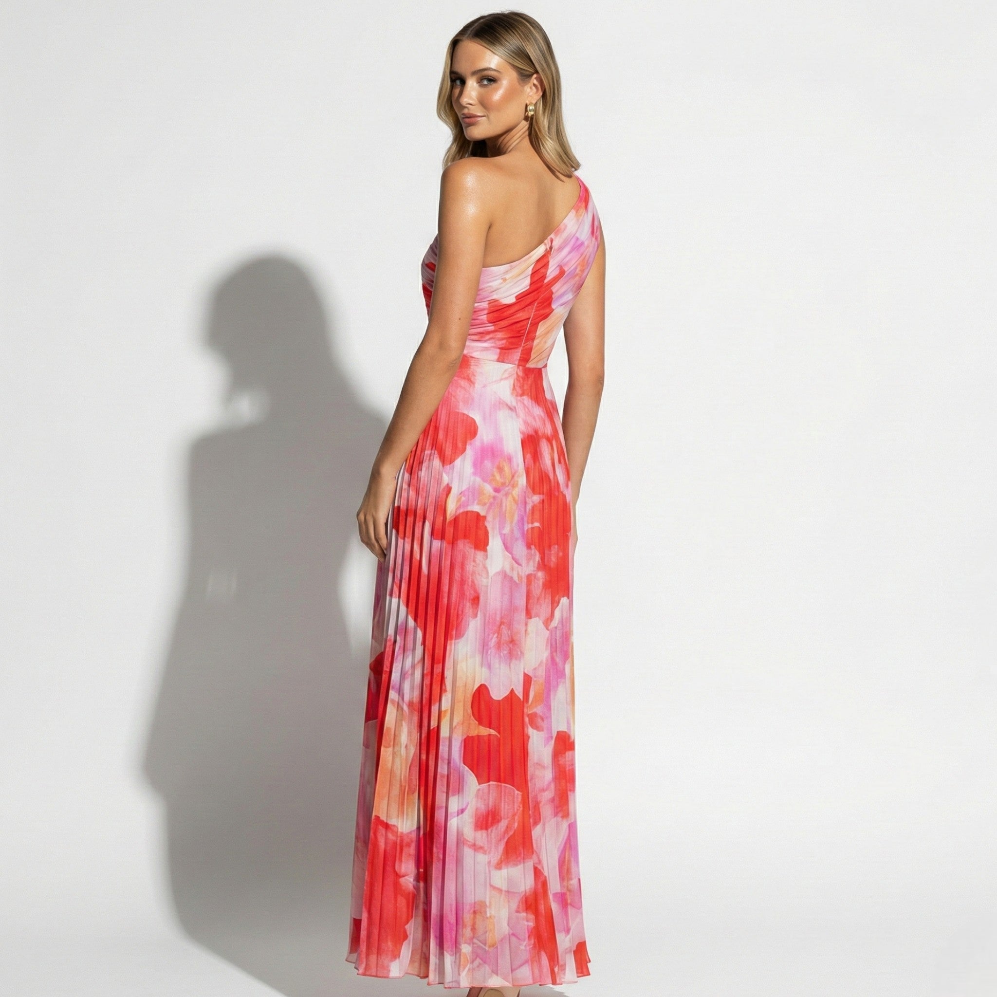Olivia - Women's One Shoulder Floral Print Pleated Maxi Dress - Dresses - Red - Taylor & Bennett