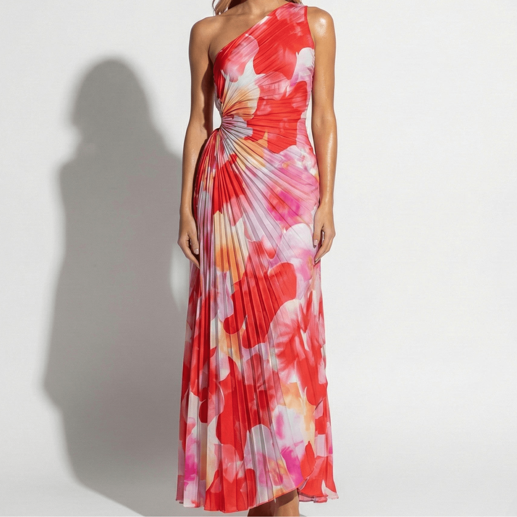 Olivia - Women's One Shoulder Floral Print Pleated Maxi Dress - Dresses - Red - Taylor & Bennett