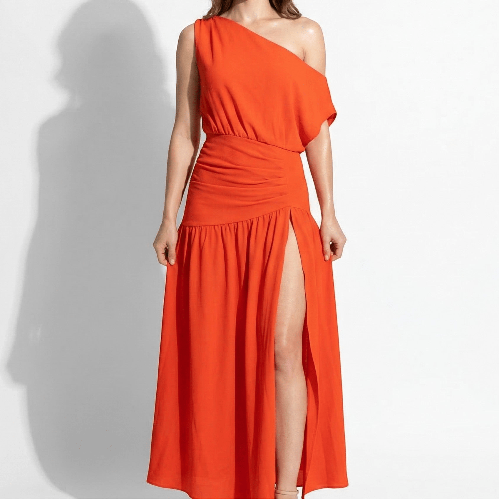 Olivia - Women's One Shoulder Maxi Dress with Slit - Maxi Dresses - Orange - Taylor & Bennett