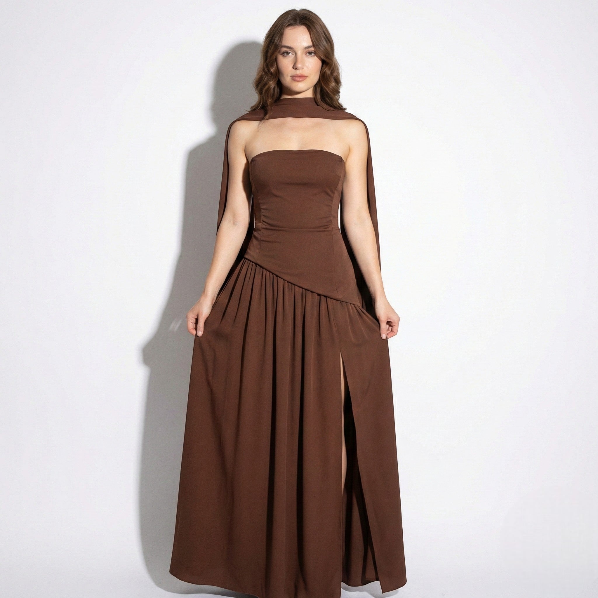 Olivia - Women's Strapless Maxi Dress with High Slit & Asymmetric Waist - Maxi Dress - Brown - Taylor & Bennett