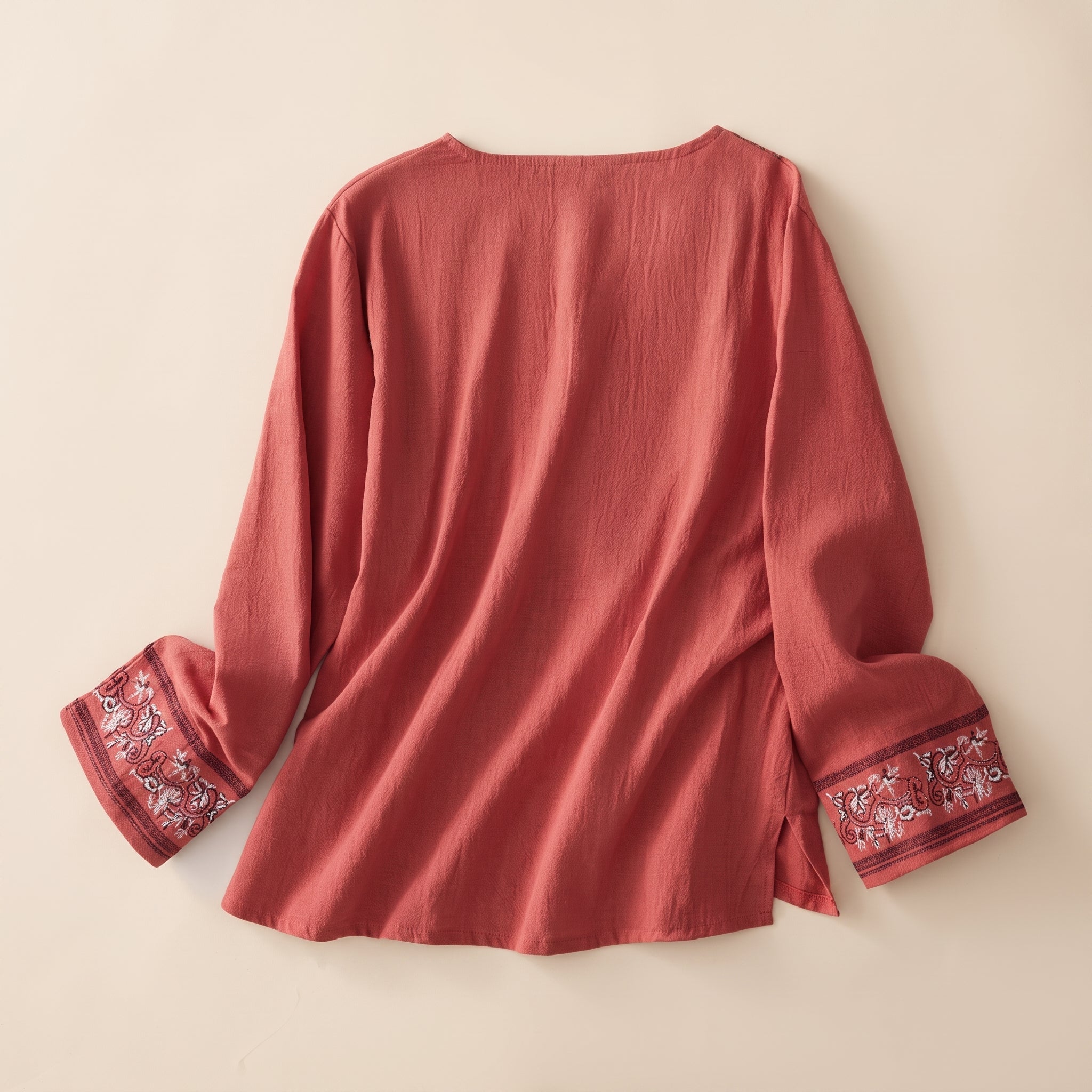 Olivia - Women's Summer Long Sleeve Embroidered Trim Blouse - Blouse - Red - Taylor & Bennett