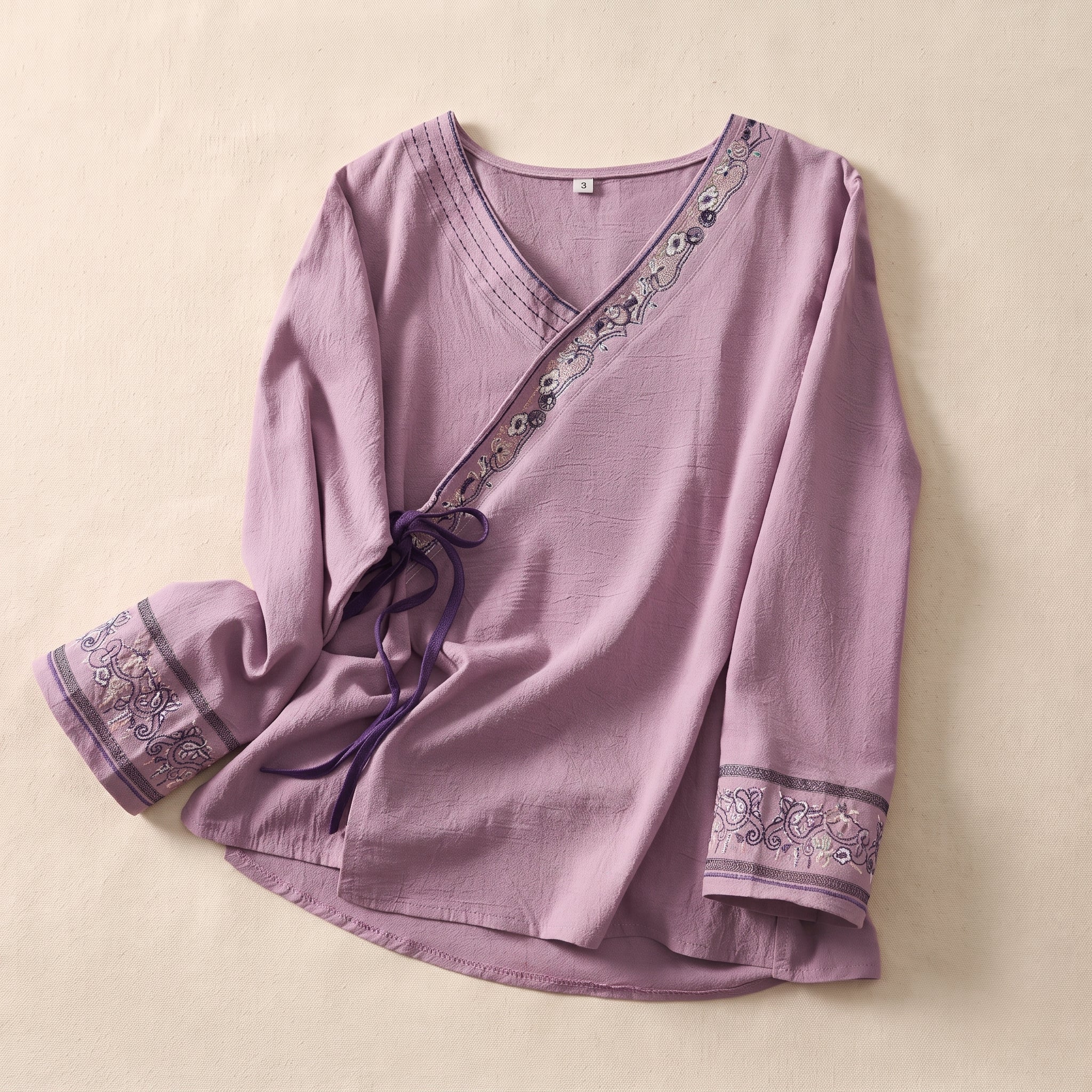 Olivia - Women's Summer Long Sleeve Embroidered Trim Blouse - Blouse - Purple - Taylor & Bennett