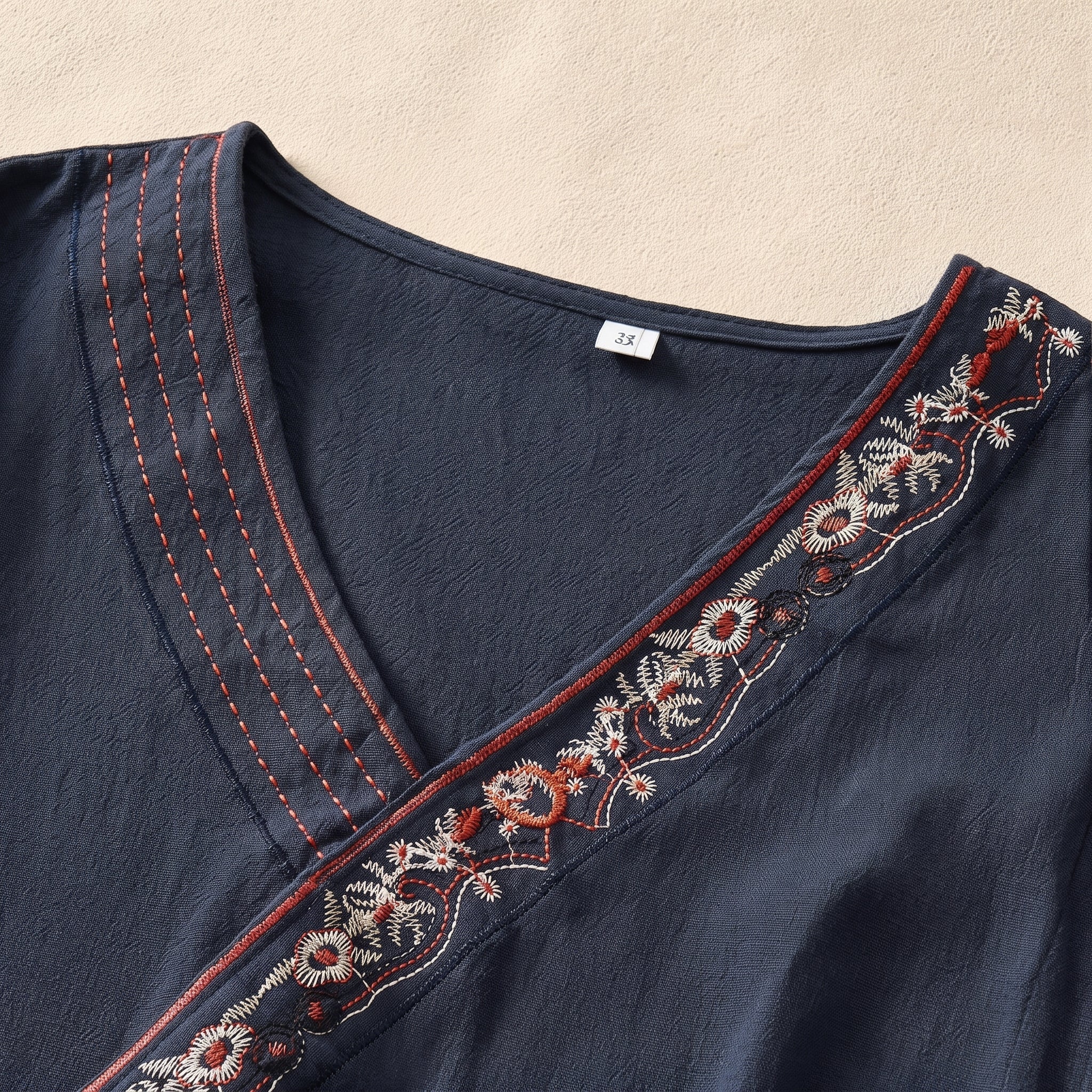 Olivia - Women's Summer Long Sleeve Embroidered Trim Blouse - Blouse - Navy Blue - Taylor & Bennett