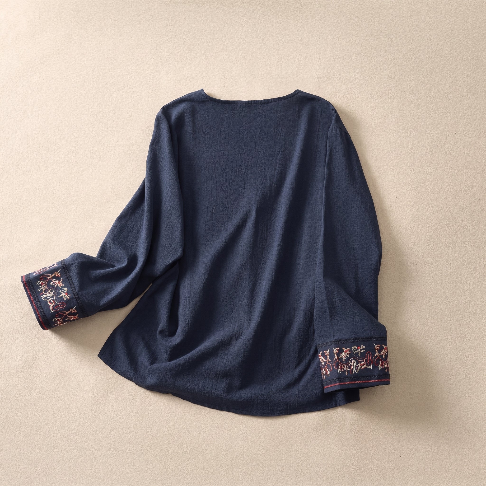 Olivia - Women's Summer Long Sleeve Embroidered Trim Blouse - Blouse - Navy Blue - Taylor & Bennett