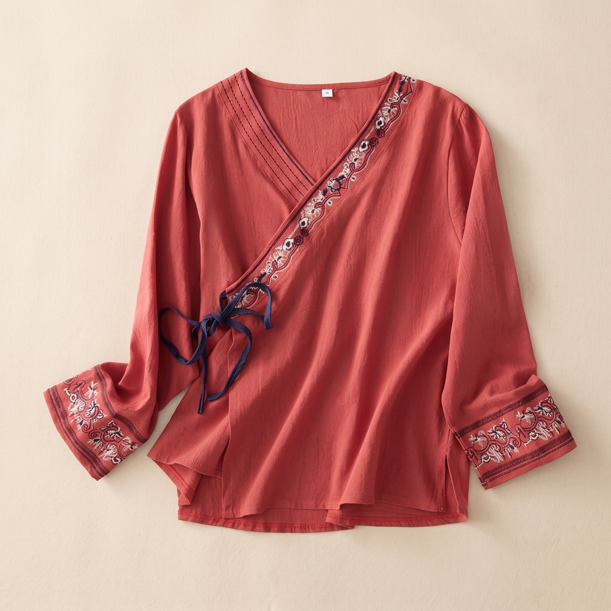 Olivia - Women's Summer Long Sleeve Embroidered Trim Blouse - Blouse - Red - Taylor & Bennett