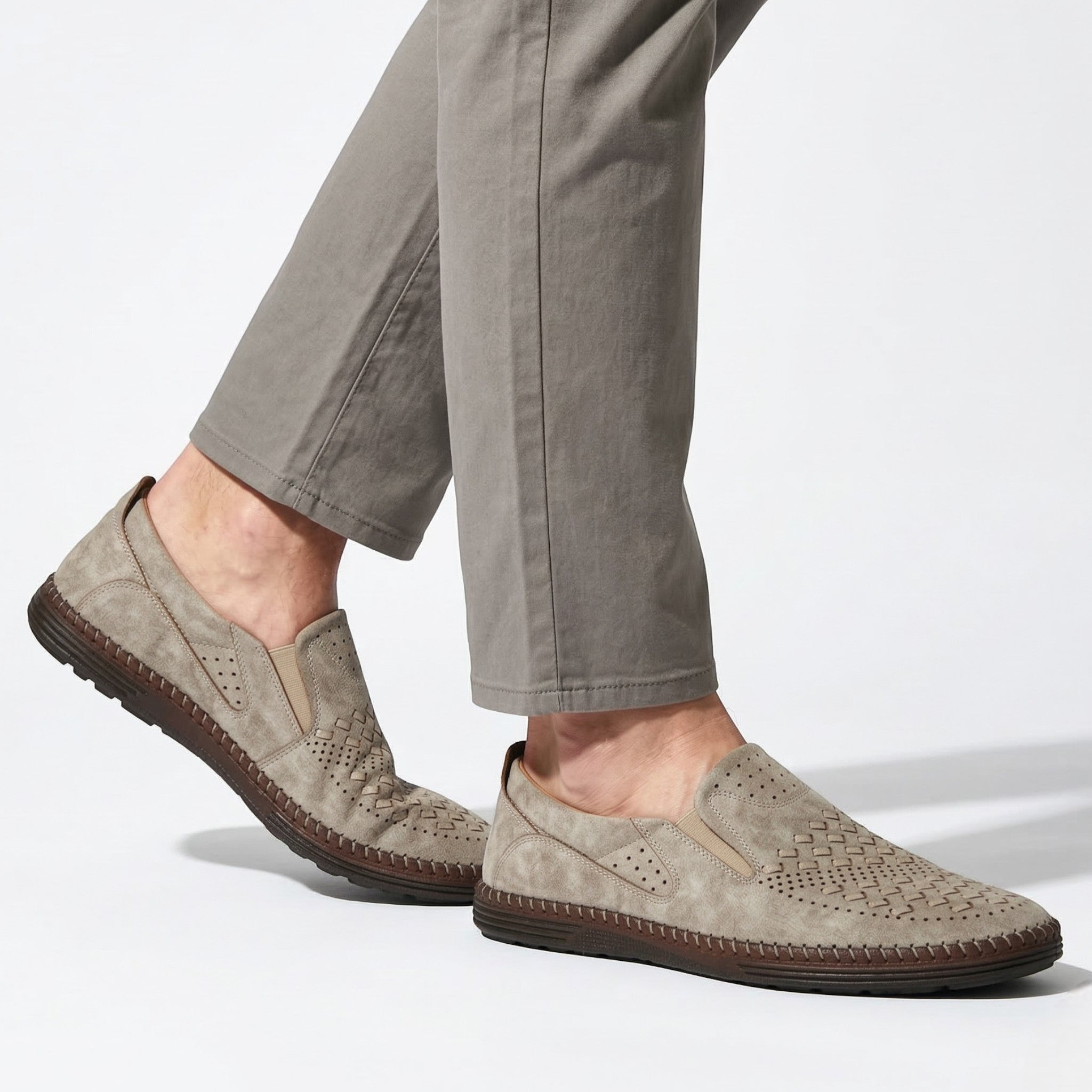 Oscar - Men's Breathable Perforated Slip - On Loafers - Loafers - Beige - Taylor & Bennett