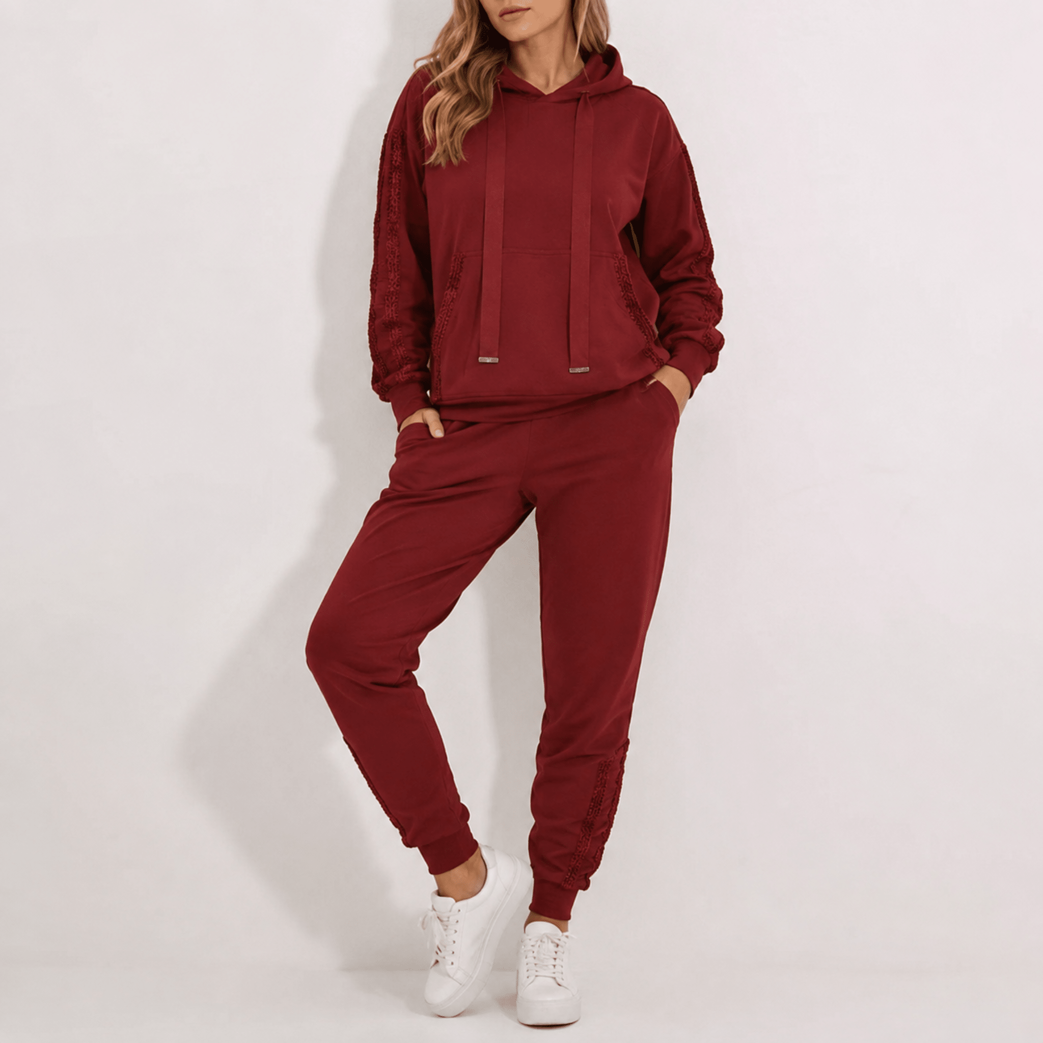 Phoebe - Women's Contrast Side Stripe Hoodie and Jogger Co-ord - Outfit Sets - Red - Taylor & Bennett