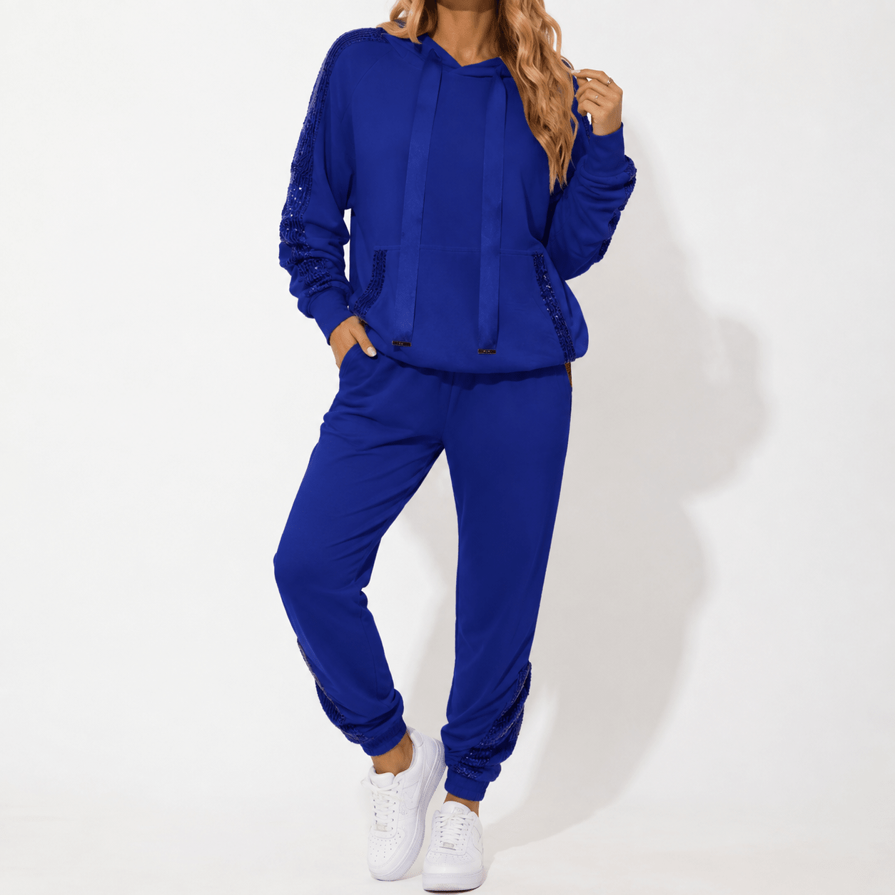 Phoebe - Women's Contrast Side Stripe Hoodie and Jogger Co-ord - Outfit Sets - Blue - Taylor & Bennett