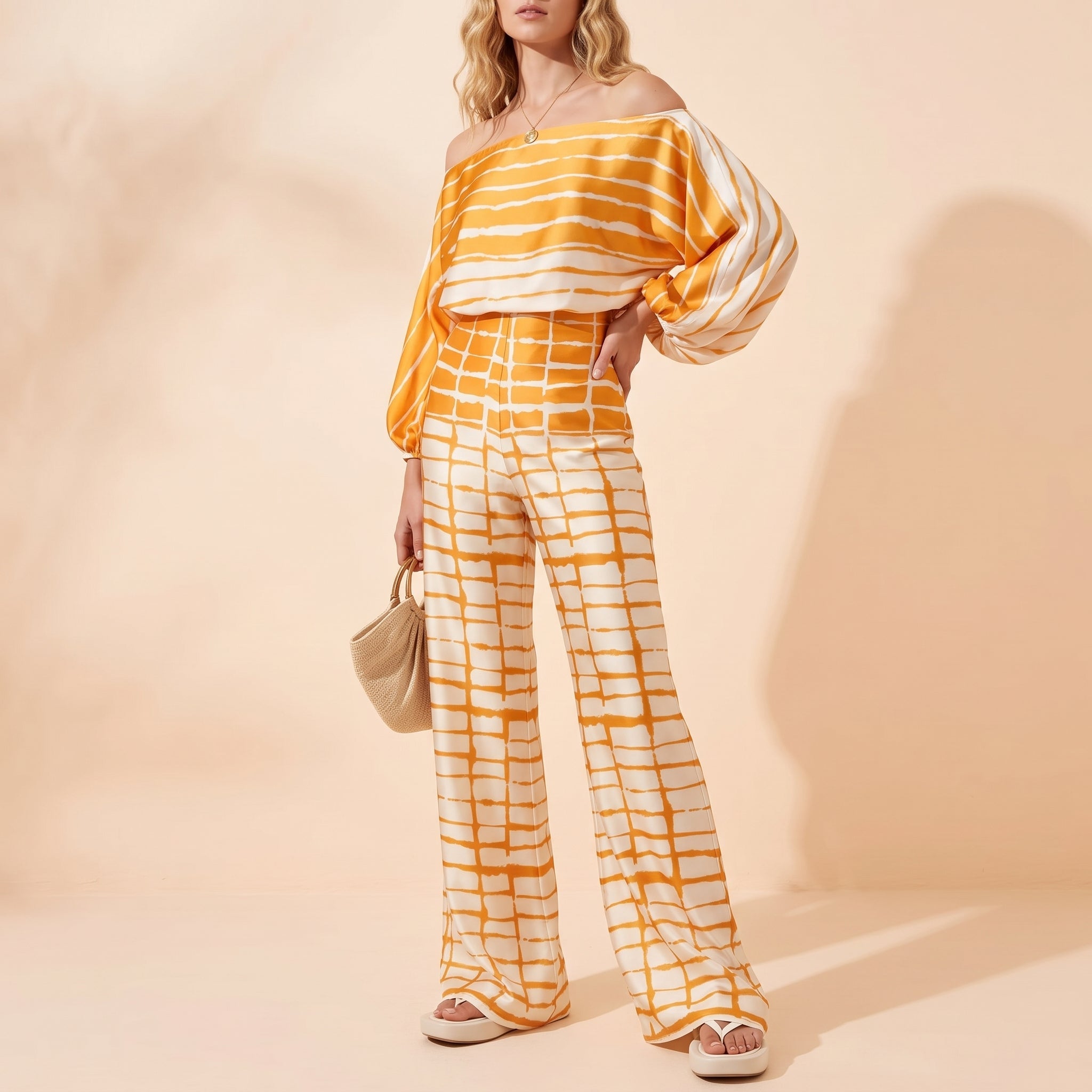 Phoebe - Women's Off-Shoulder Abstract Print Wide-Leg Co-ord Set - 2-Piece Sets - Yellow - Taylor & Bennett