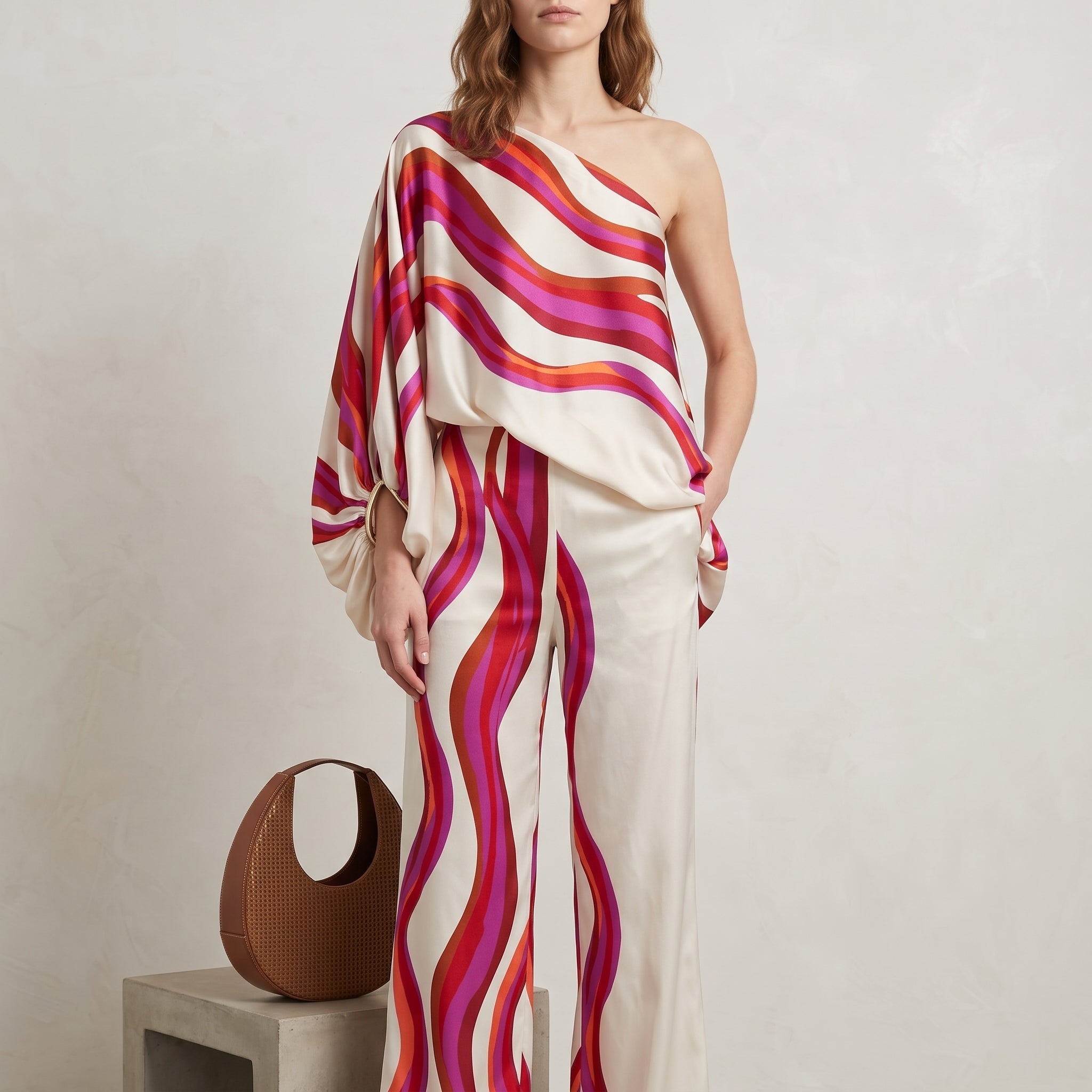 Phoebe - Women's Off-Shoulder Abstract Print Wide-Leg Co-ord Set - 2-Piece Sets - Red - Taylor & Bennett