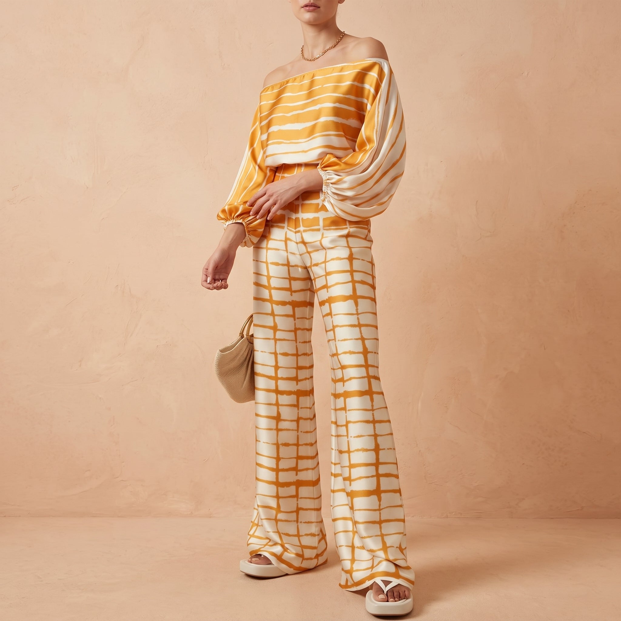 Phoebe - Women's Off-Shoulder Abstract Print Wide-Leg Co-ord Set - 2-Piece Sets - Yellow - Taylor & Bennett