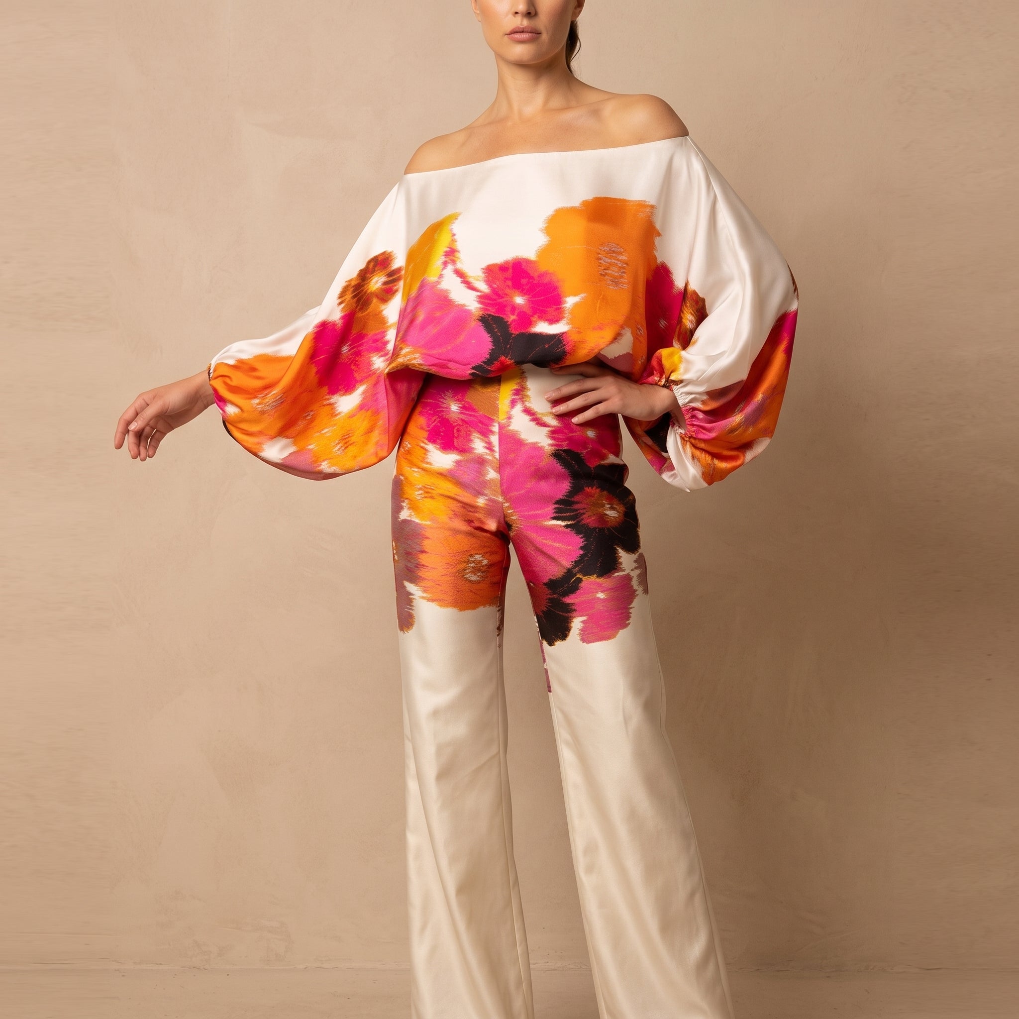 Phoebe - Women's Off-Shoulder Abstract Print Wide-Leg Co-ord Set - 2-Piece Sets - Orange - Taylor & Bennett