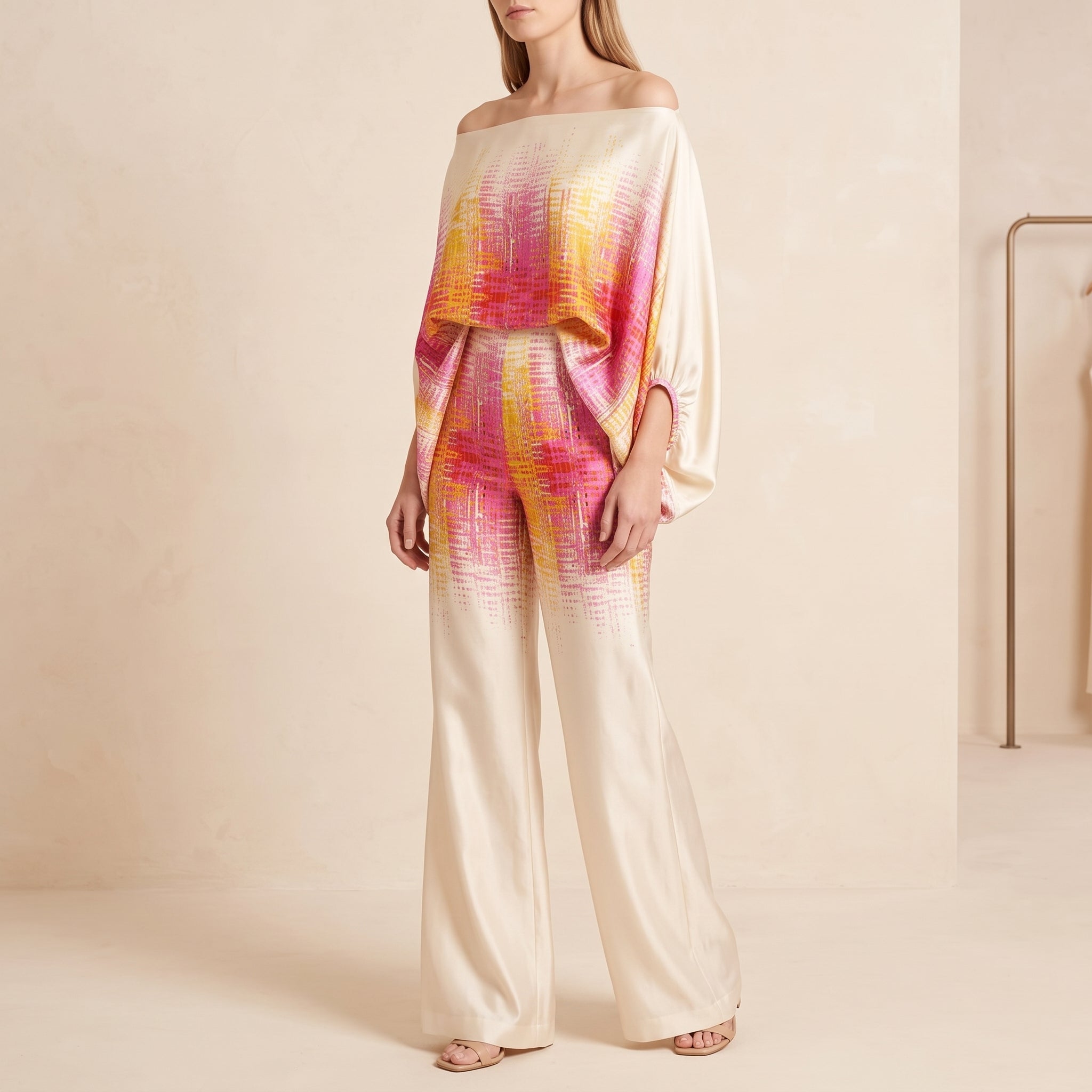Phoebe - Women's Off-Shoulder Abstract Print Wide-Leg Co-ord Set - 2-Piece Sets - Pink - Taylor & Bennett