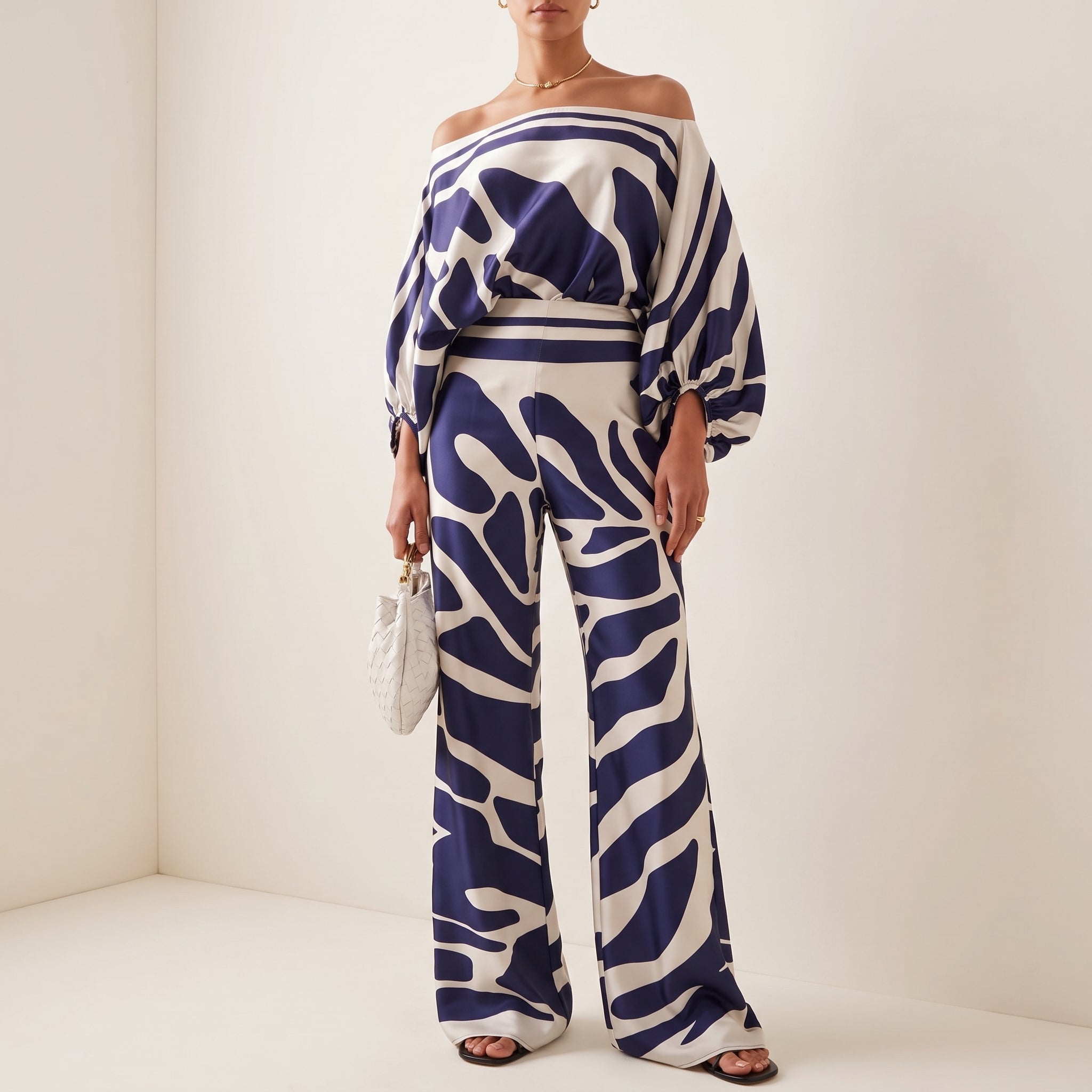 Phoebe - Women's Off-Shoulder Abstract Print Wide-Leg Co-ord Set - 2-Piece Sets - Blue - Taylor & Bennett