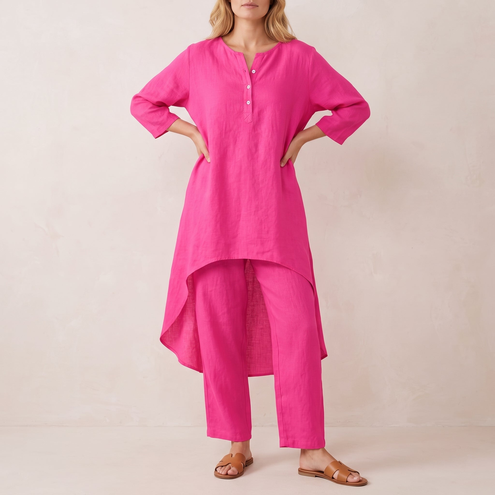 Phoebe - Women's Relaxed High-Low Tunic Wide-Leg Trouser Set - Sets - Pink - Taylor & Bennett