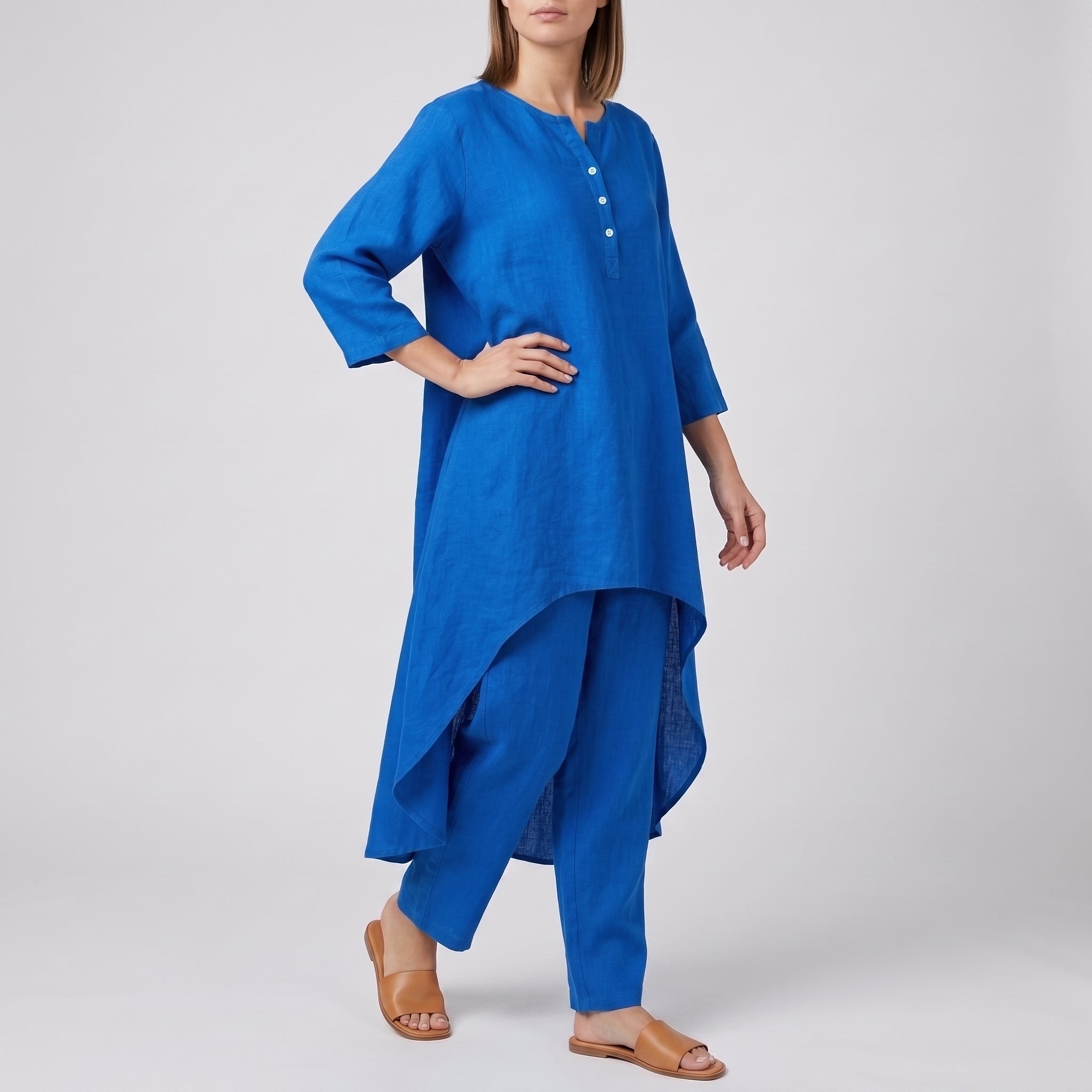 Phoebe - Women's Relaxed High-Low Tunic Wide-Leg Trouser Set - Sets - Blue - Taylor & Bennett