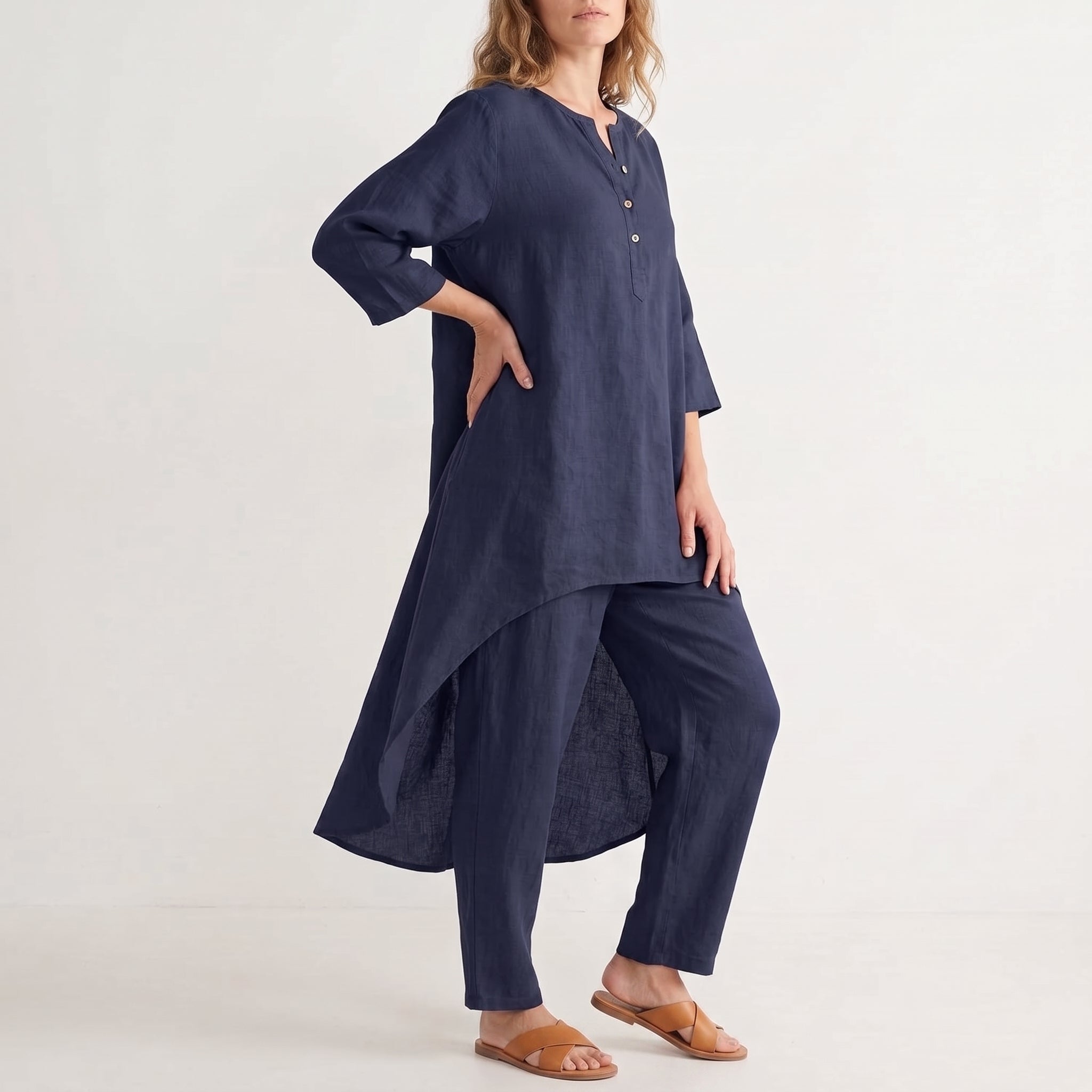 Phoebe - Women's Relaxed High-Low Tunic Wide-Leg Trouser Set - Sets - Navy Blue - Taylor & Bennett