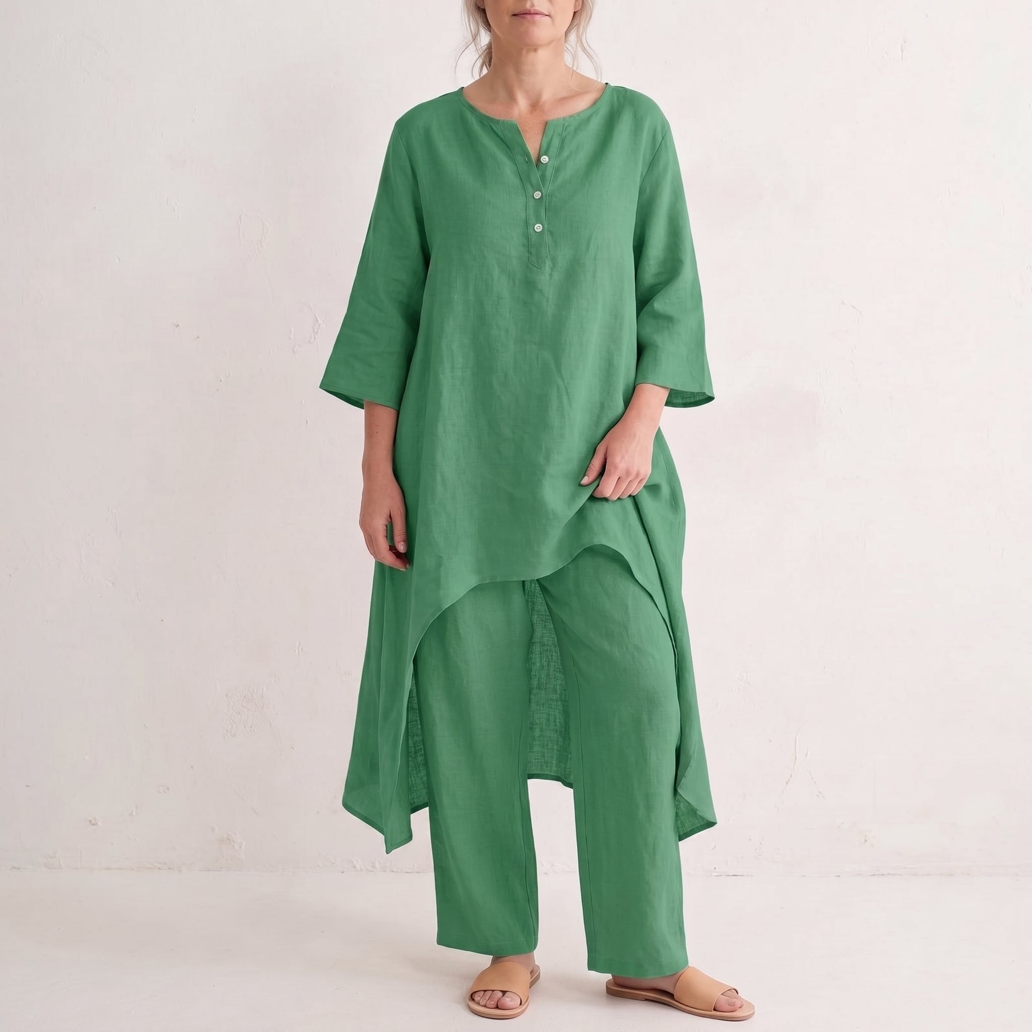 Phoebe - Women's Relaxed High-Low Tunic Wide-Leg Trouser Set - Sets - Green - Taylor & Bennett