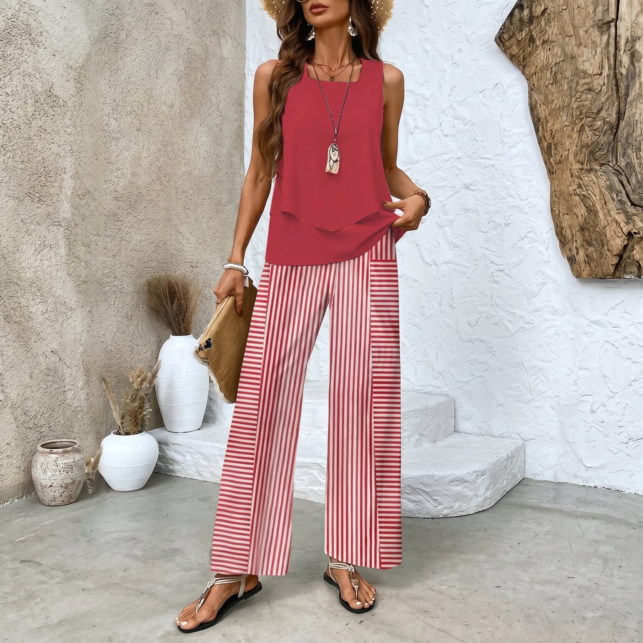 Phoebe - Women's Relaxed Wide - Leg Sleeveless Vest Co - ord Set - 2 Piece Set - Red - Taylor & Bennett