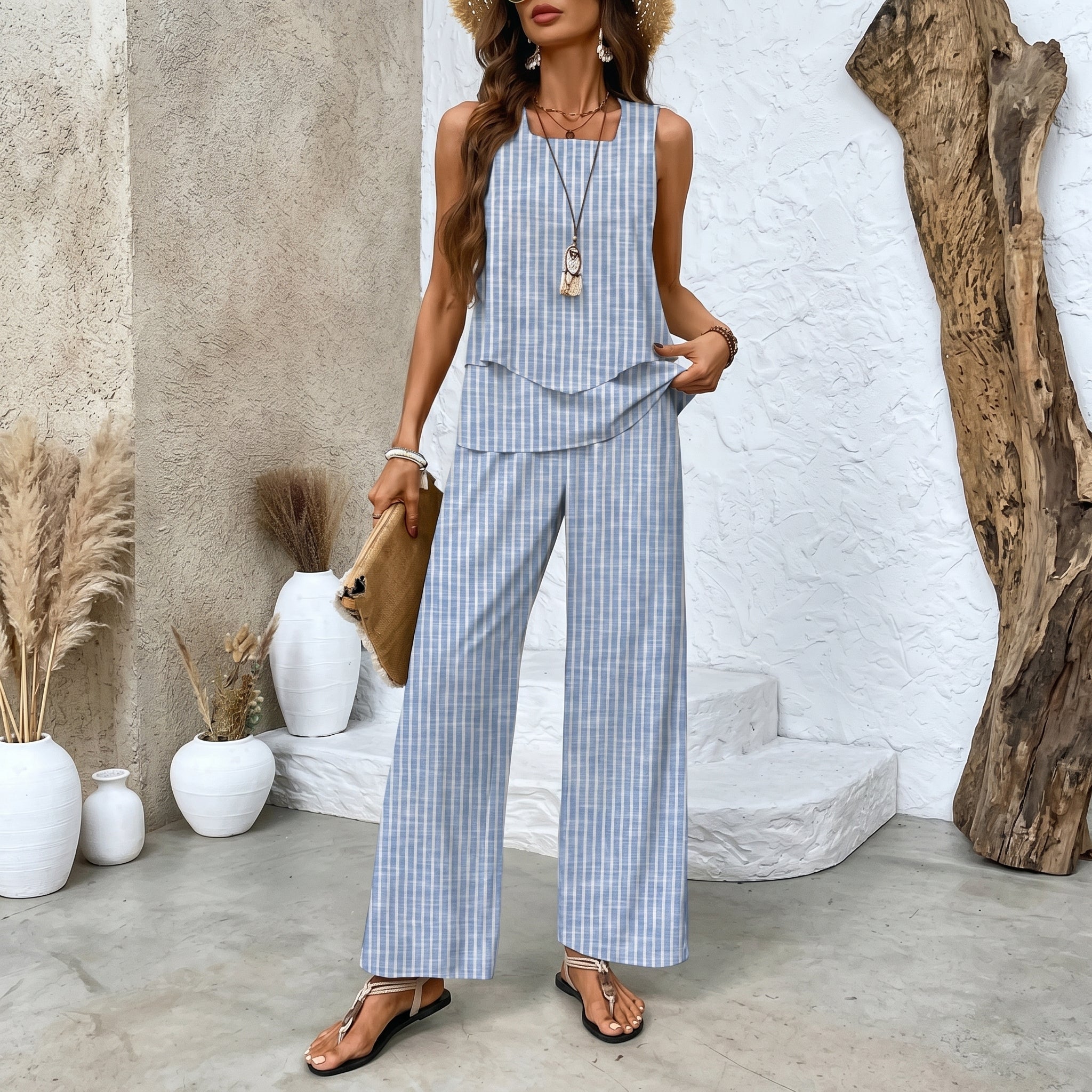 Phoebe - Women's Relaxed Wide - Leg Sleeveless Vest Co - ord Set - 2 Piece Set - Light Blue - Taylor & Bennett