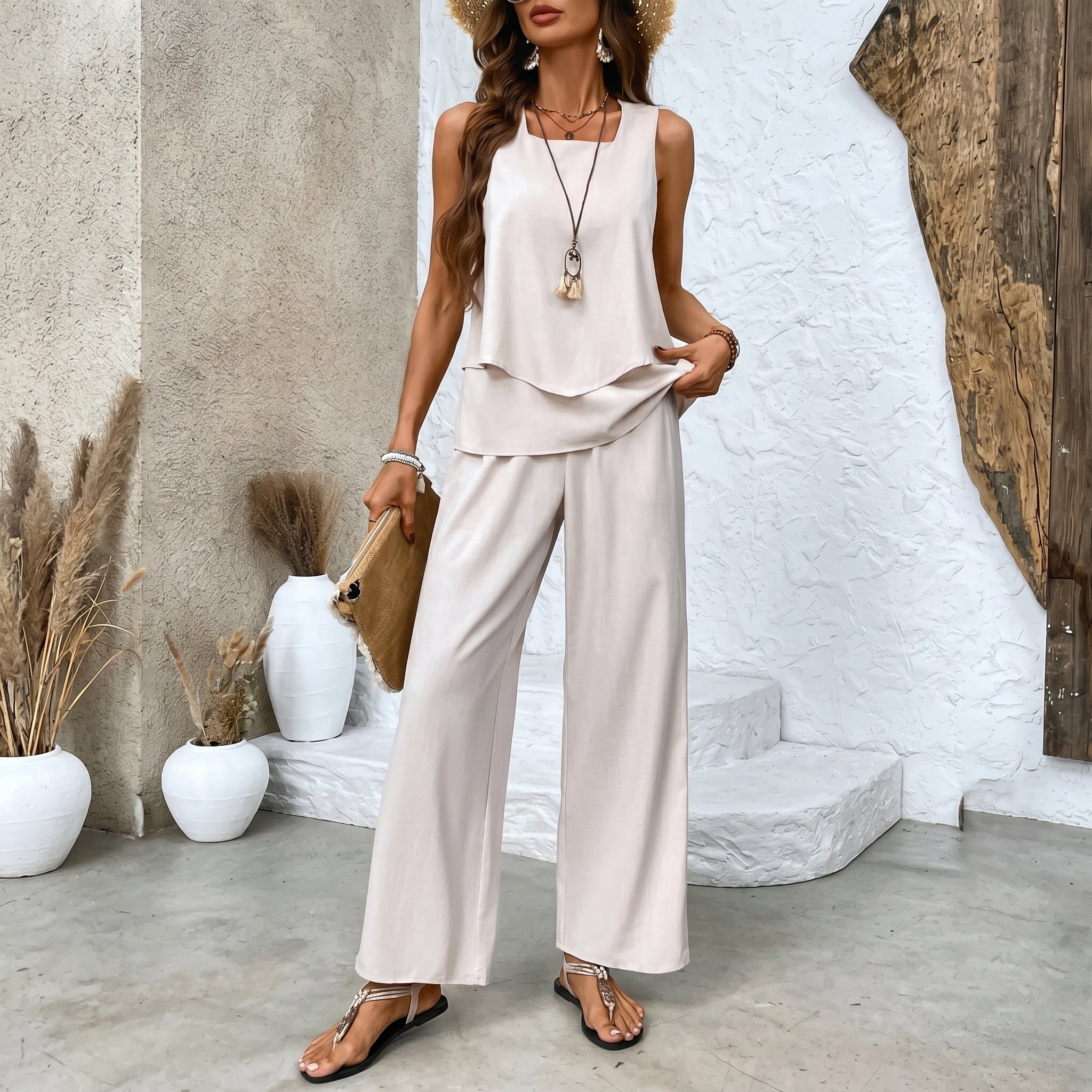 Phoebe - Women's Relaxed Wide - Leg Sleeveless Vest Co - ord Set - 2 Piece Set - Cream - Taylor & Bennett