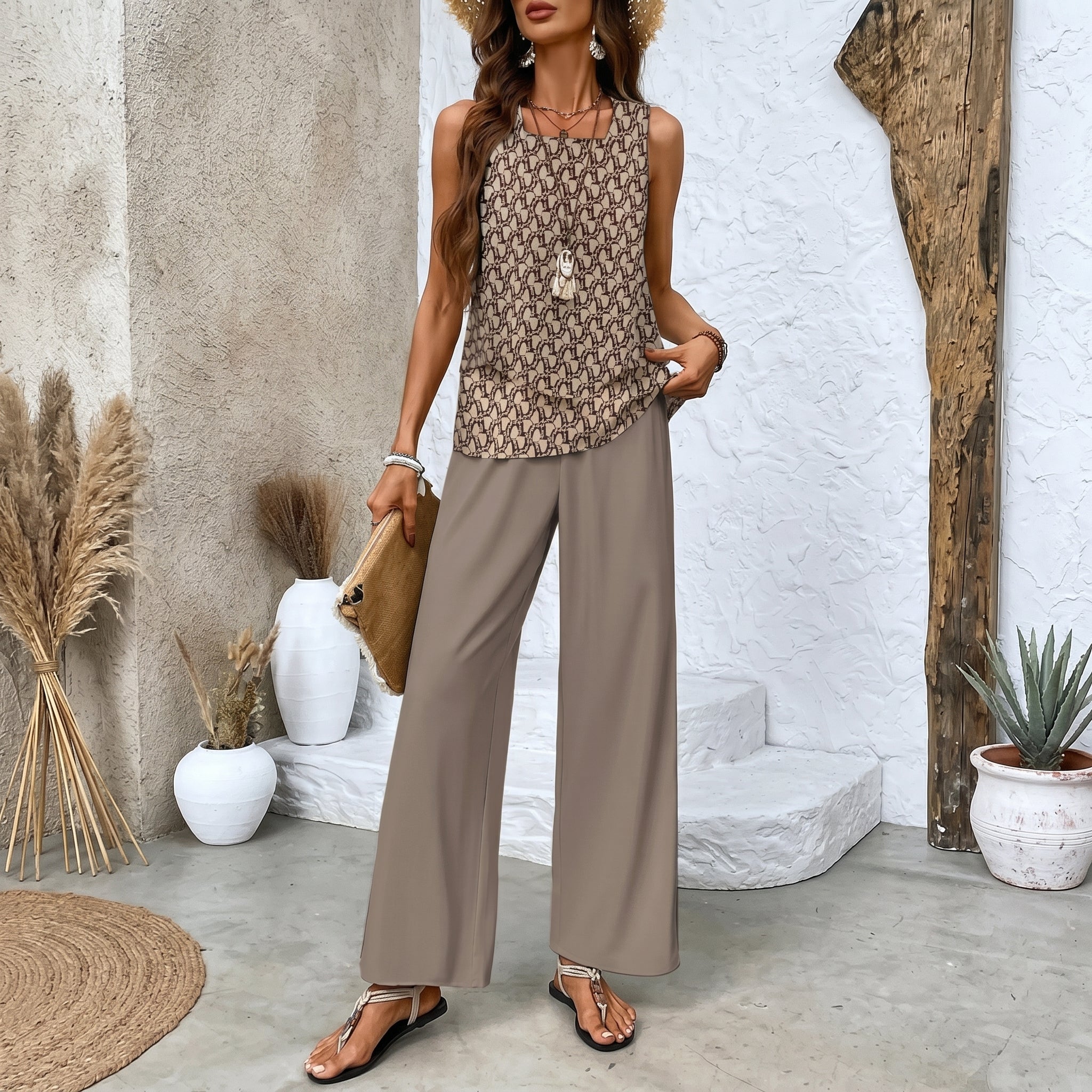 Phoebe - Women's Relaxed Wide - Leg Sleeveless Vest Co - ord Set - 2 Piece Set - Brown - Taylor & Bennett