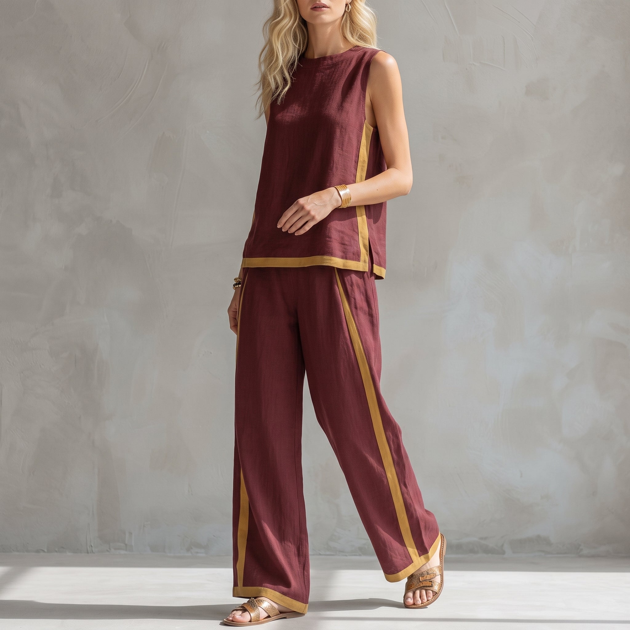 Phoebe - Women's Sleeveless Contrast Trim Wide-Leg Co-ord Set - 2 Piece Set - Burgundy - Taylor & Bennett