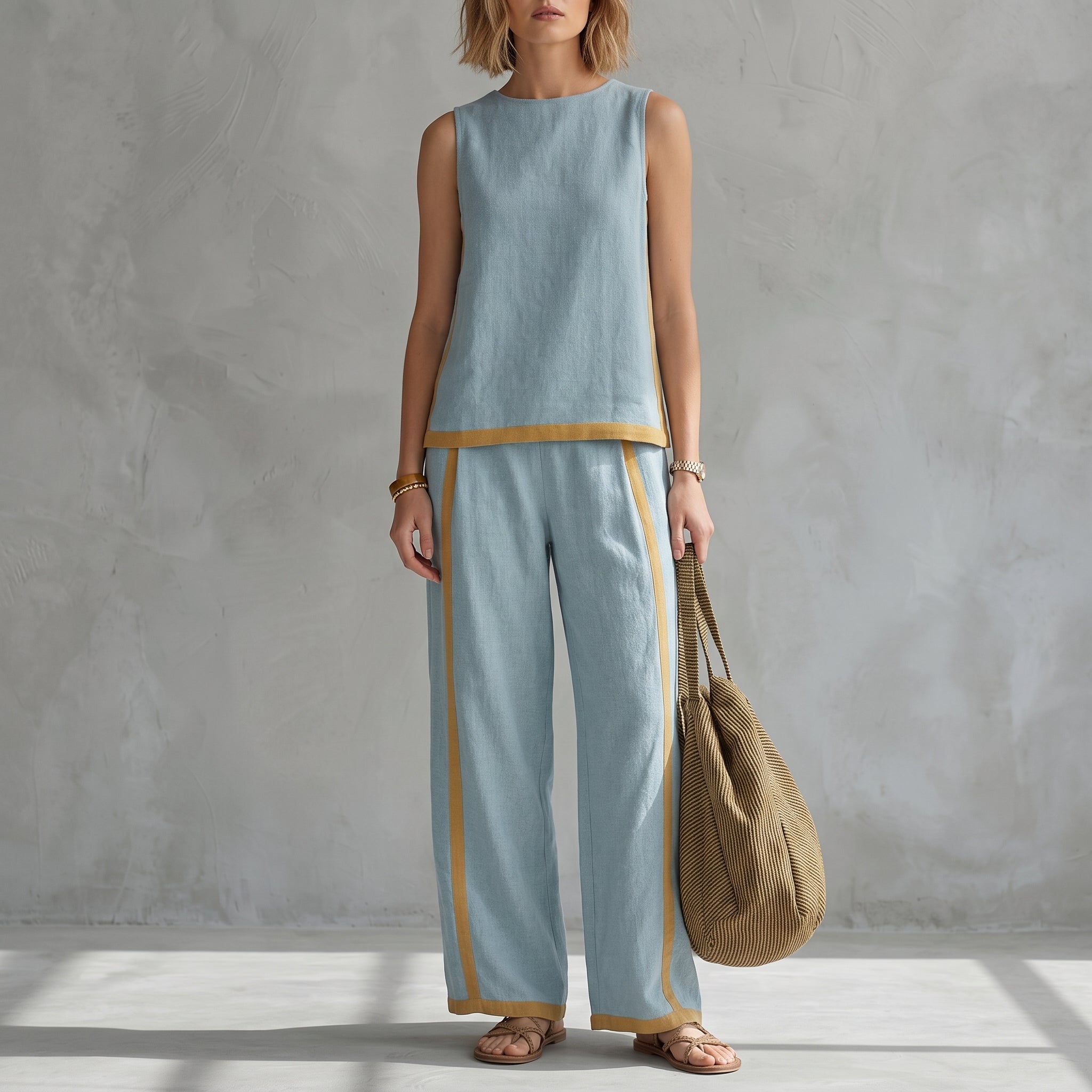 Phoebe - Women's Sleeveless Contrast Trim Wide-Leg Co-ord Set - 2 Piece Set - Blue - Taylor & Bennett