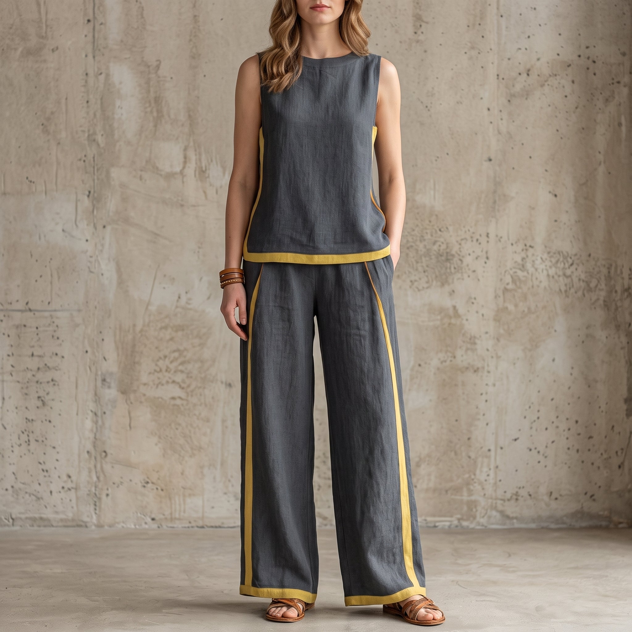 Phoebe - Women's Sleeveless Contrast Trim Wide-Leg Co-ord Set - 2 Piece Set - Grey - Taylor & Bennett