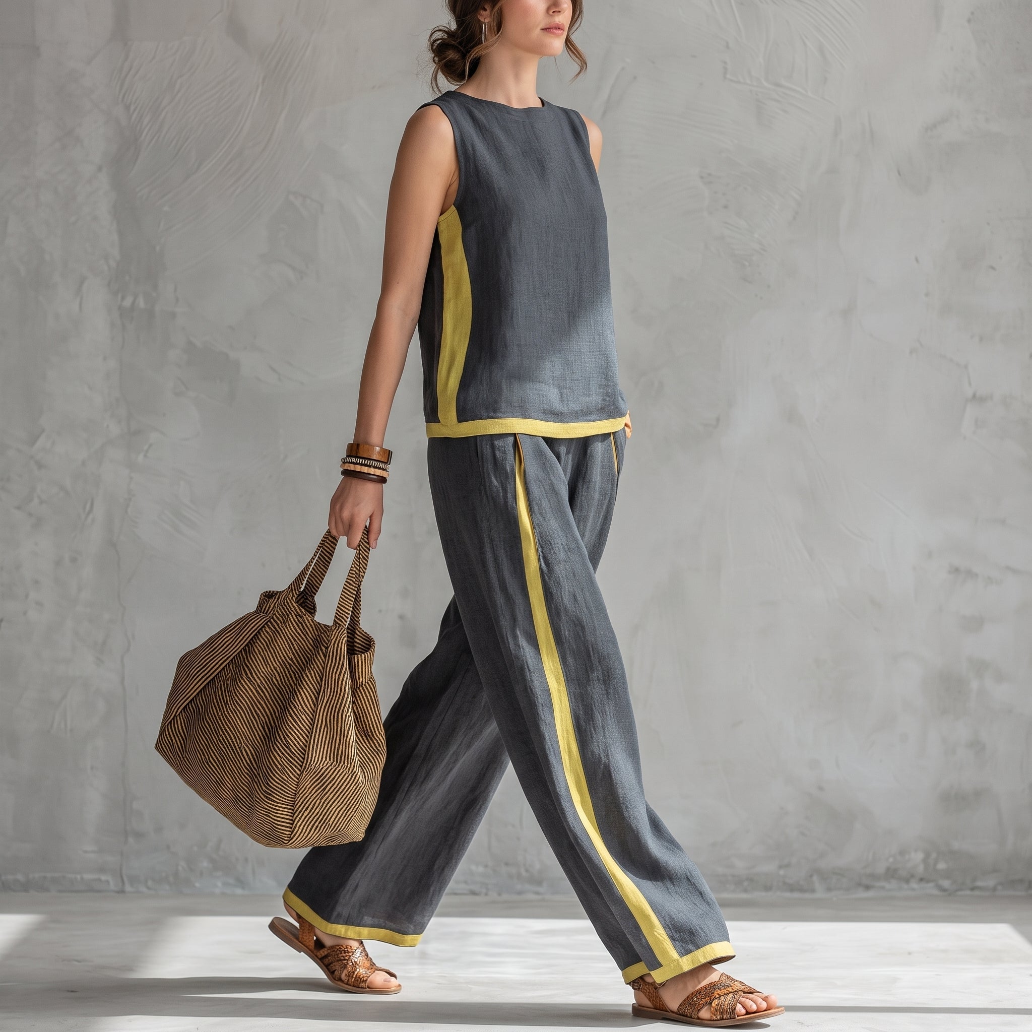 Phoebe - Women's Sleeveless Contrast Trim Wide-Leg Co-ord Set - 2 Piece Set - Grey - Taylor & Bennett