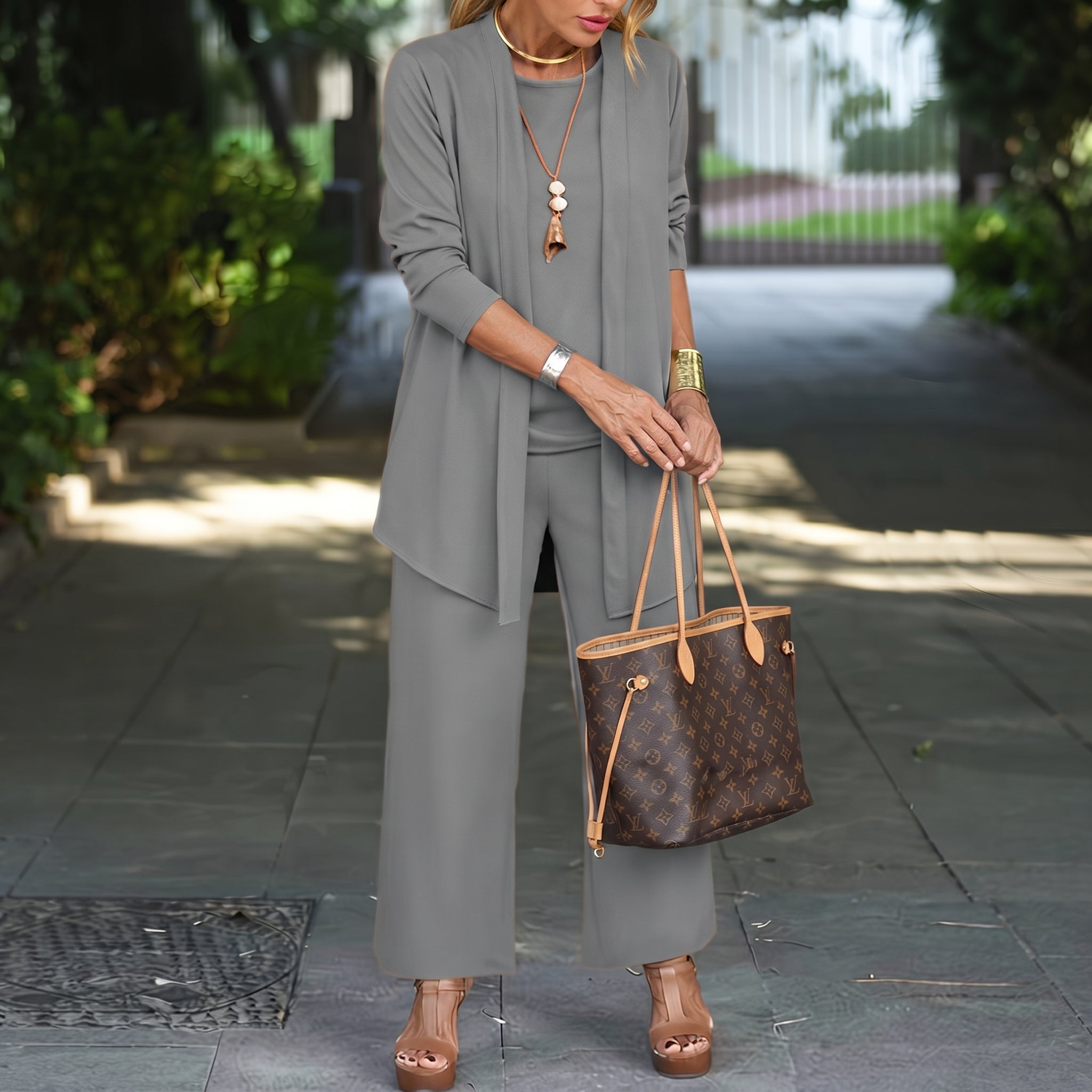 Phoebe - Women's Three-Piece Relaxed Blazer Wide-Leg Trouser Set - 3 Piece Set - Grey - Taylor & Bennett