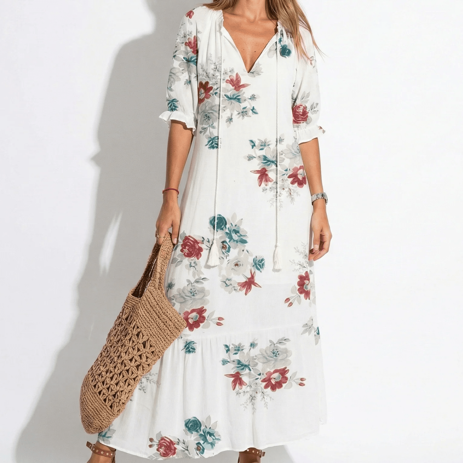 Riley - Women's Floral V - Neck Maxi Dress - Dress - White - Taylor & Bennett