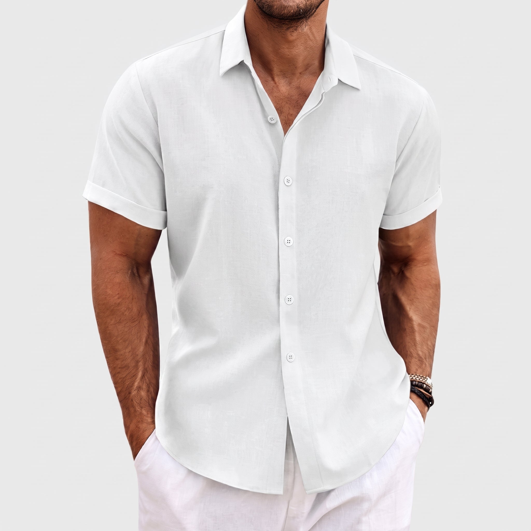 Robert - Men's Summer Concealed Placket Short Sleeve Shirt - Shirts - White - Taylor & Bennett