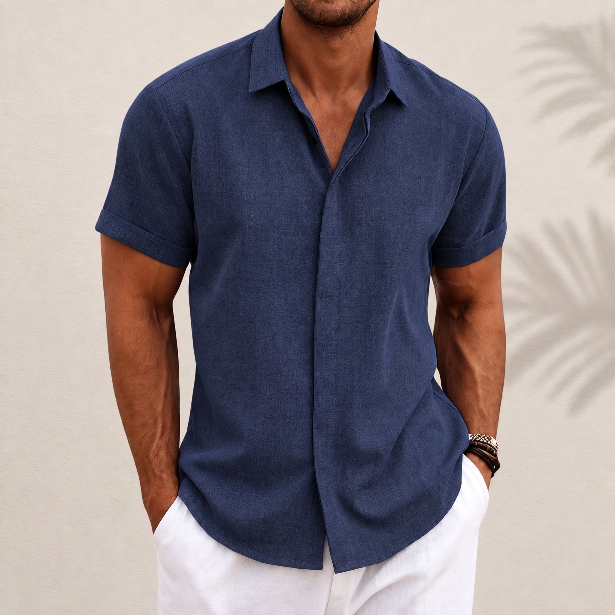 Robert - Men's Summer Concealed Placket Short Sleeve Shirt - Shirts - Navy Blue - Taylor & Bennett