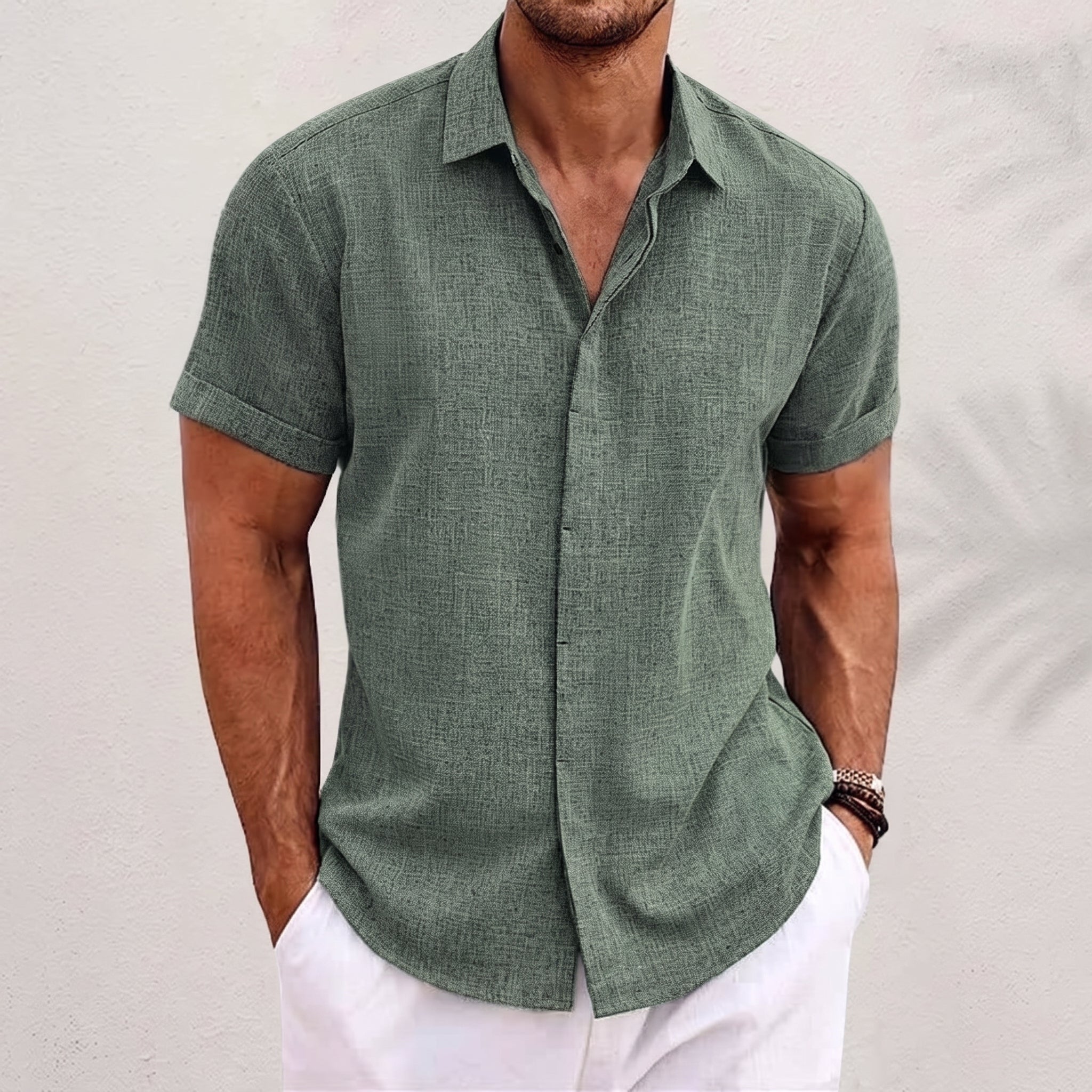 Robert - Men's Summer Concealed Placket Short Sleeve Shirt - Shirts - Green - Taylor & Bennett