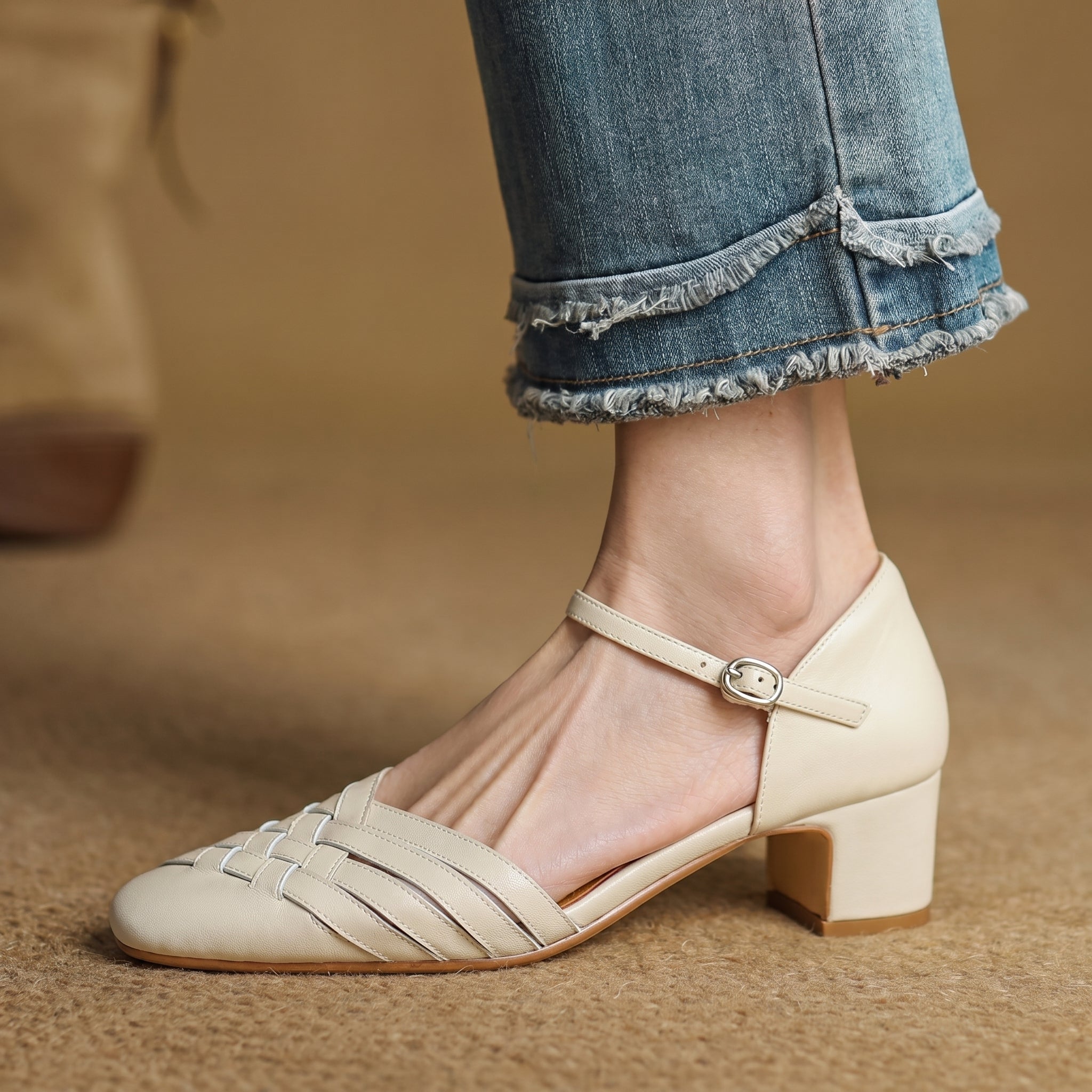 Rosa - Women's Woven Pumps with Buckle Ankle Strap - Heels - Beige - Taylor & Bennett