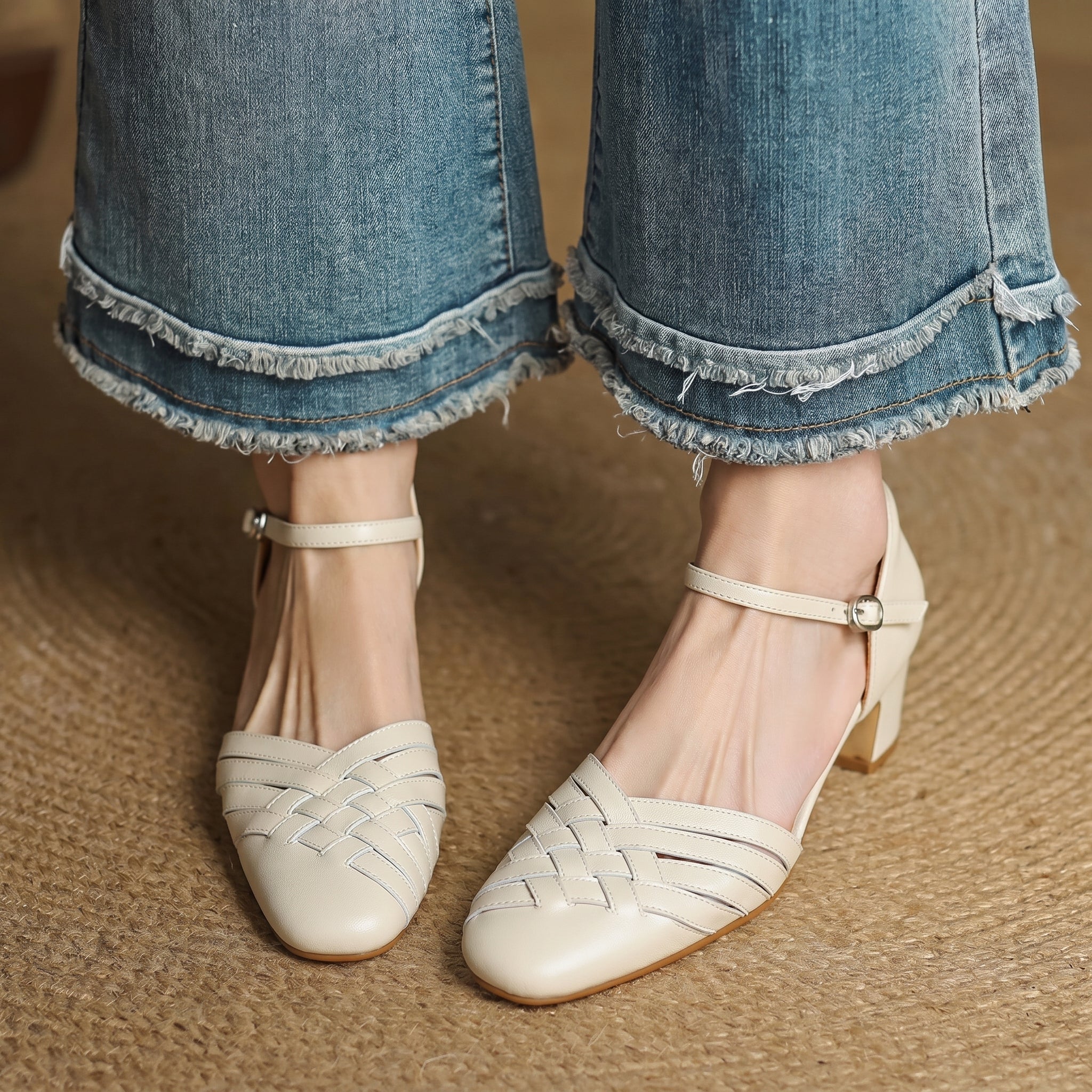 Rosa - Women's Woven Pumps with Buckle Ankle Strap - Heels - Beige - Taylor & Bennett