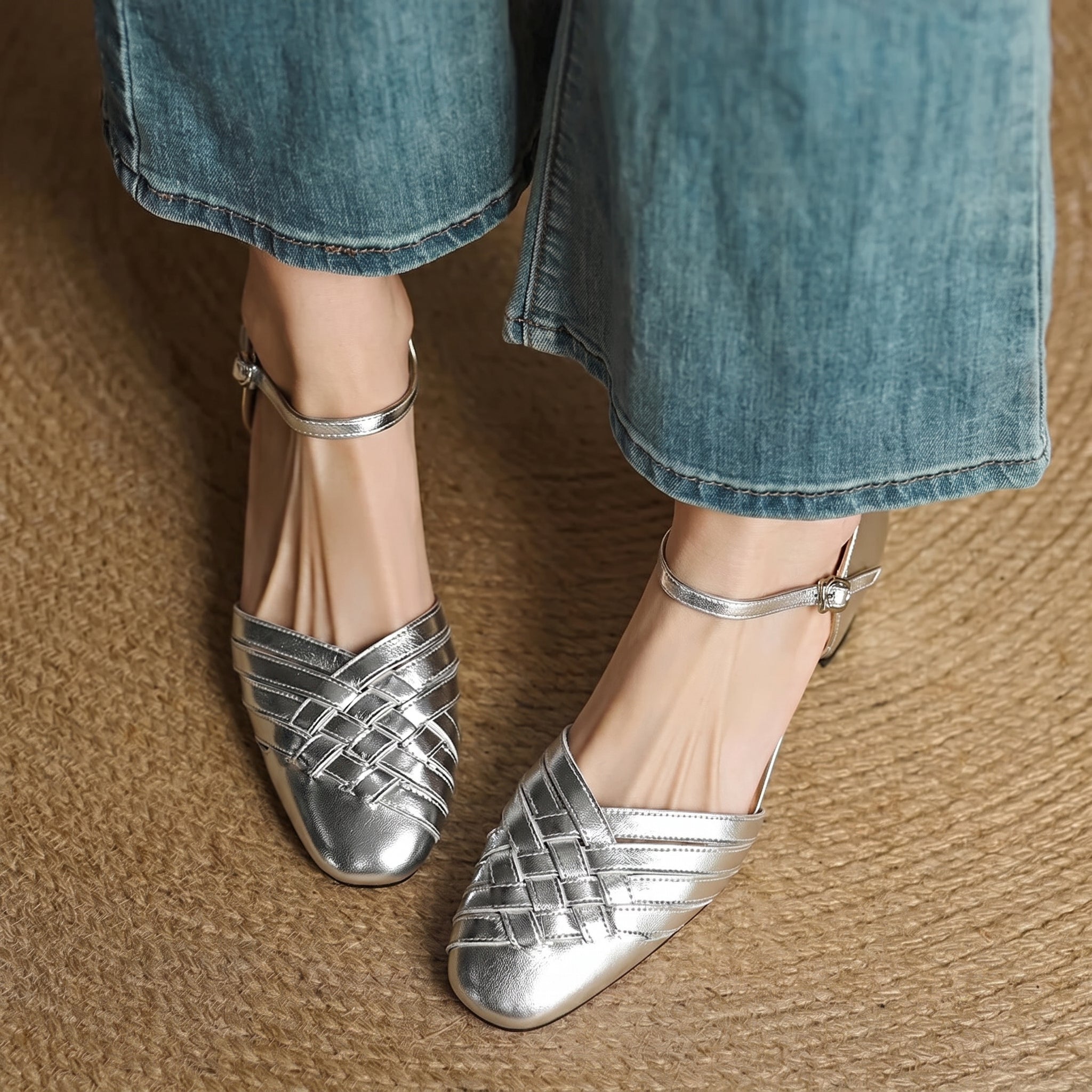 Rosa - Women's Woven Pumps with Buckle Ankle Strap - Heels - Silver - Taylor & Bennett