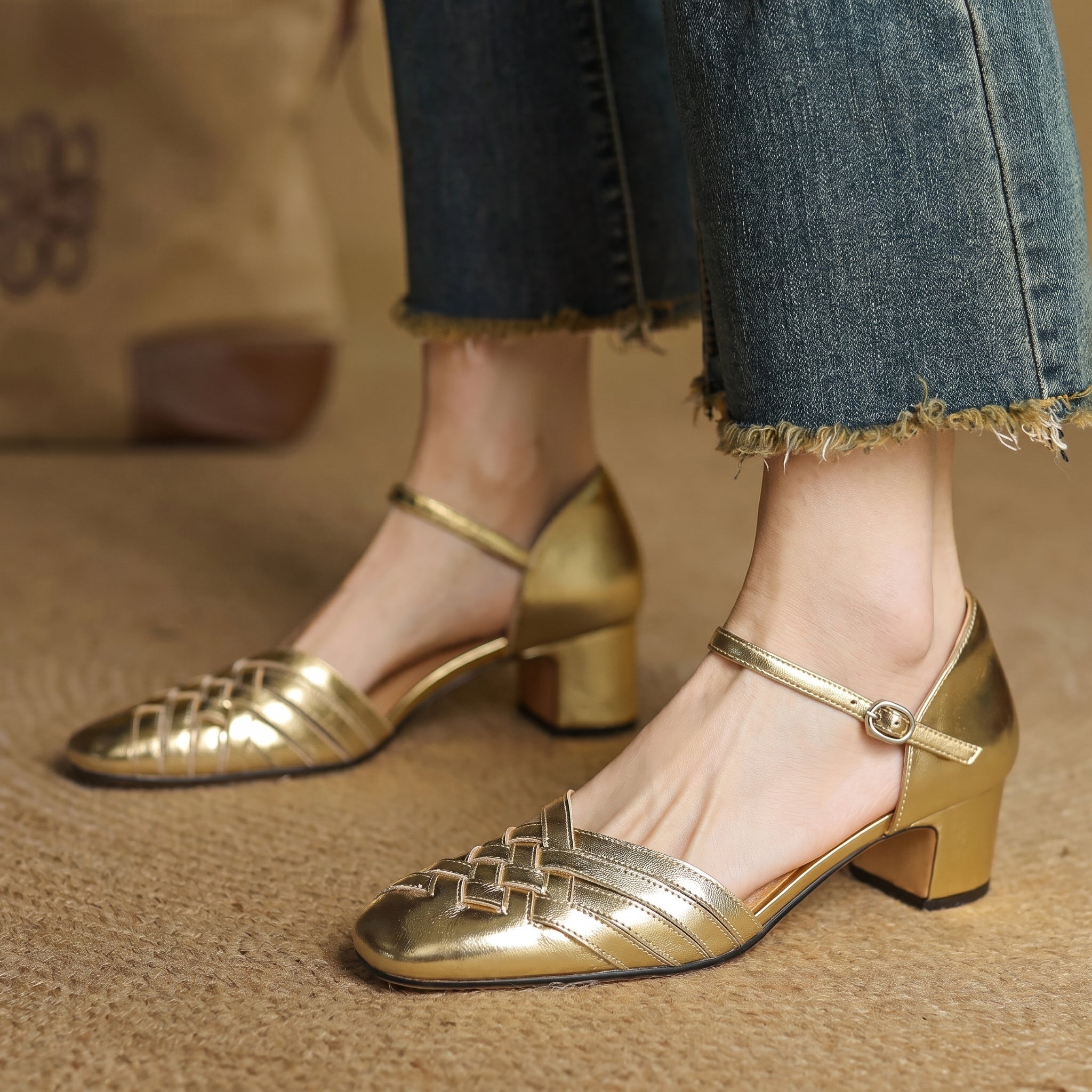 Rosa - Women's Woven Pumps with Buckle Ankle Strap - Heels - Gold - Taylor & Bennett