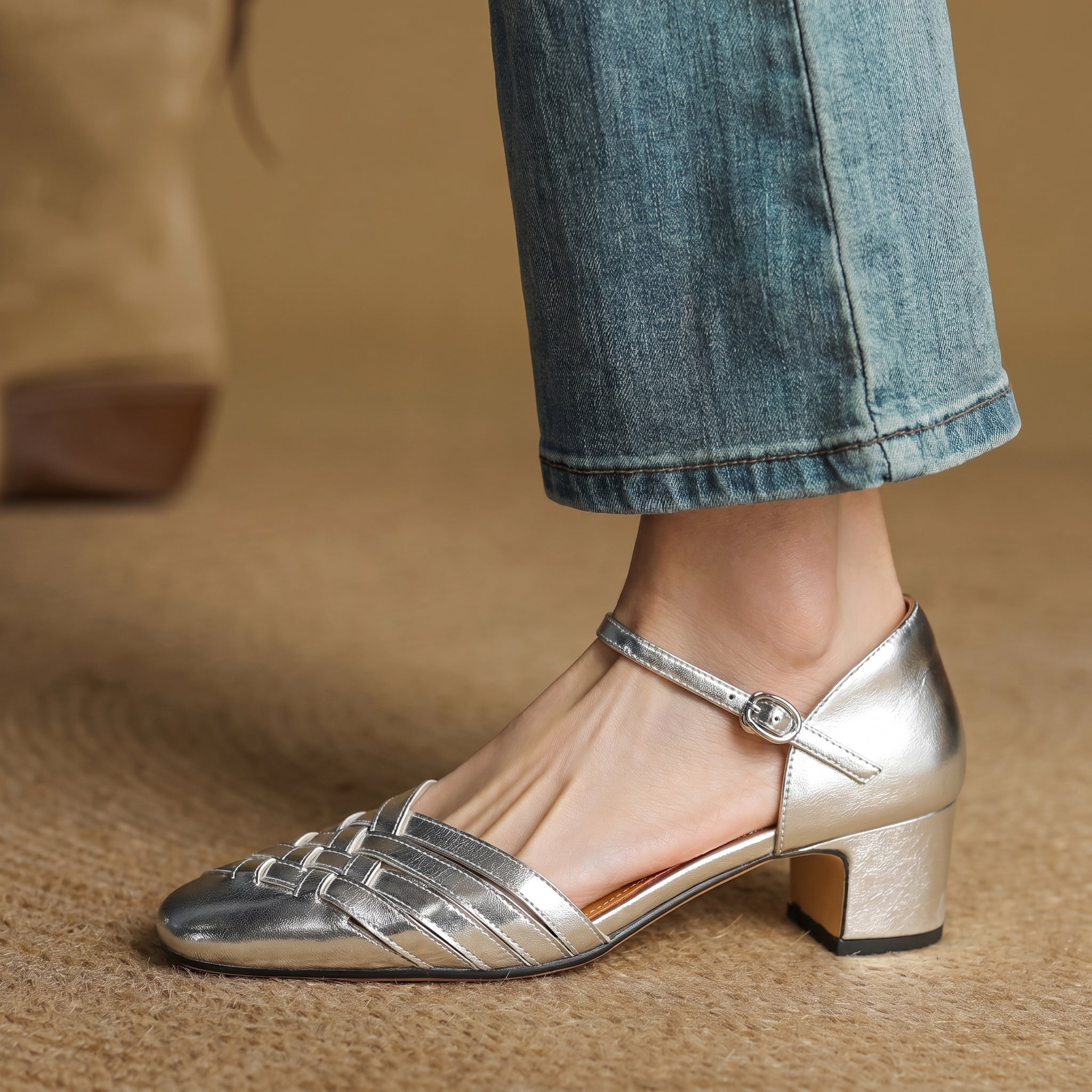 Rosa - Women's Woven Pumps with Buckle Ankle Strap - Heels - Silver - Taylor & Bennett