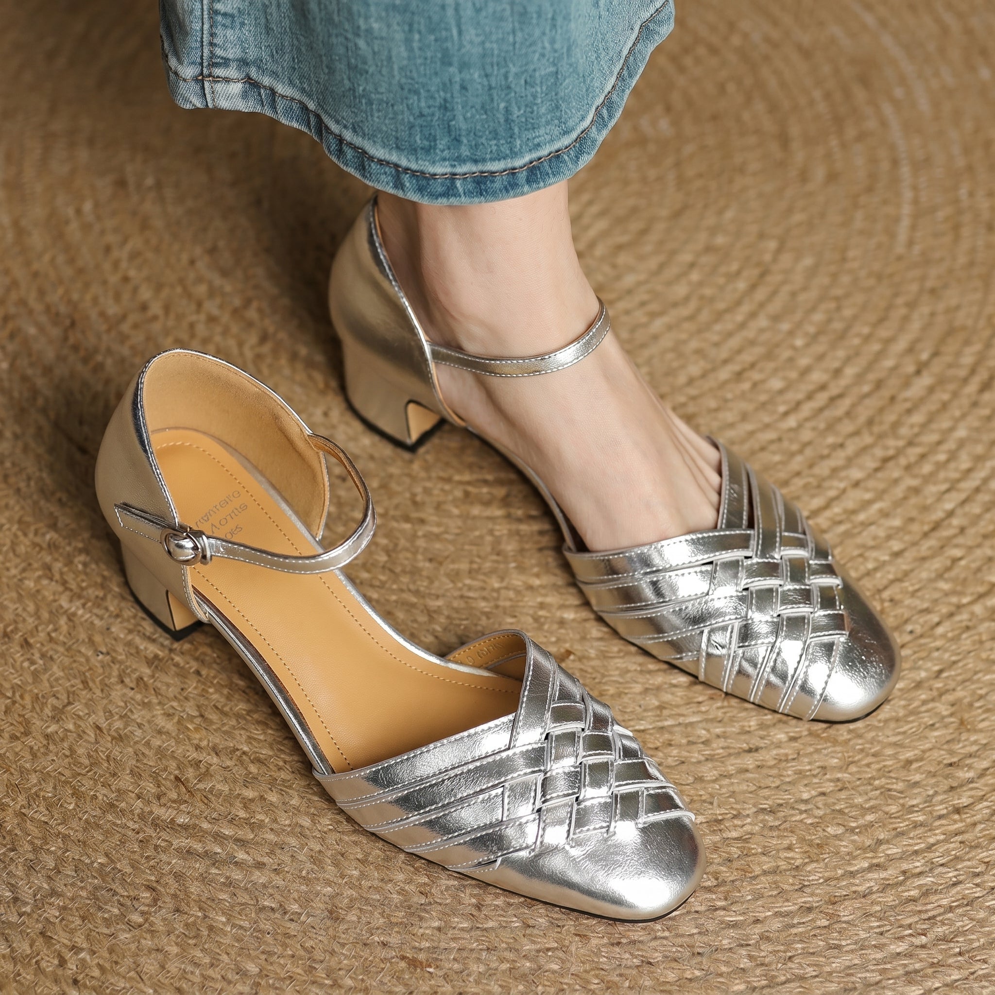 Rosa - Women's Woven Pumps with Buckle Ankle Strap - Heels - Silver - Taylor & Bennett