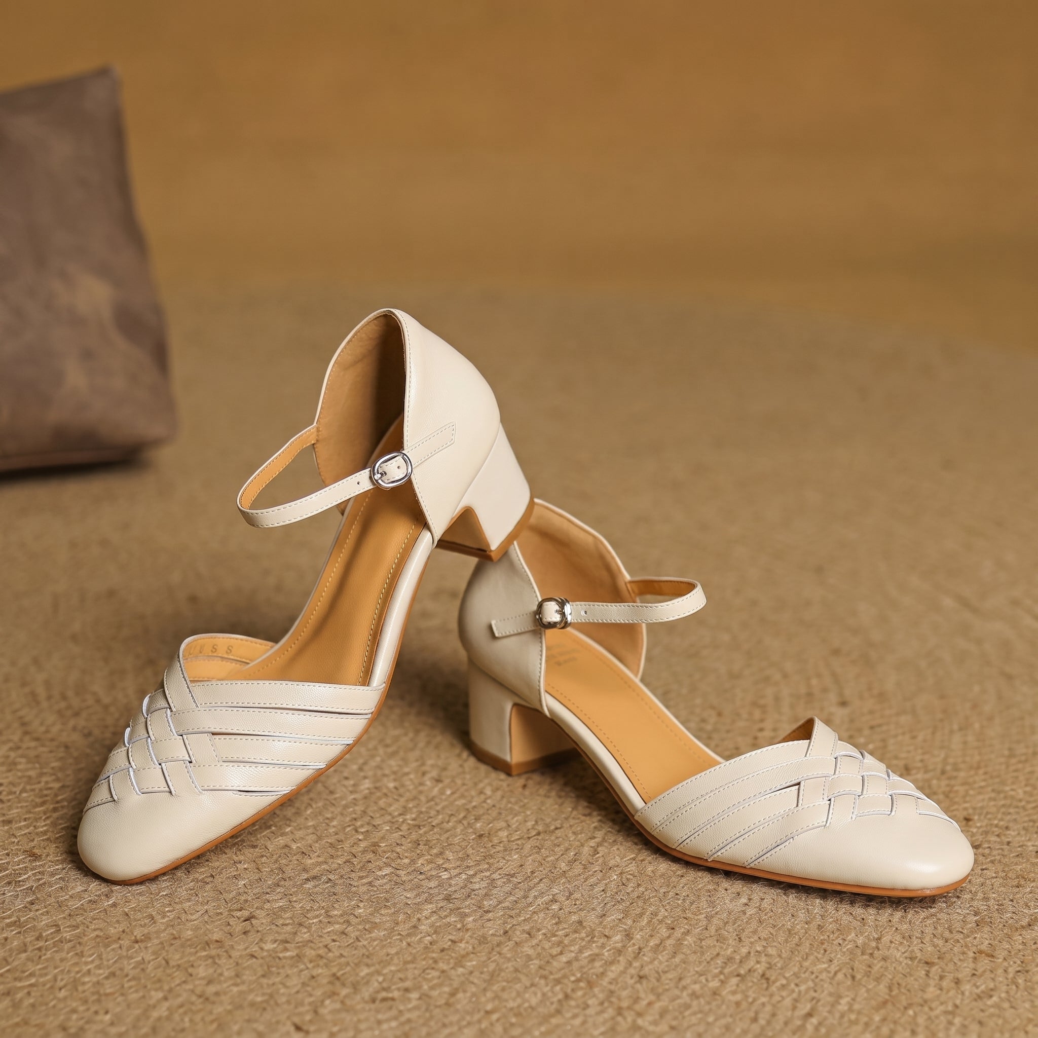 Rosa - Women's Woven Pumps with Buckle Ankle Strap - Heels - Beige - Taylor & Bennett