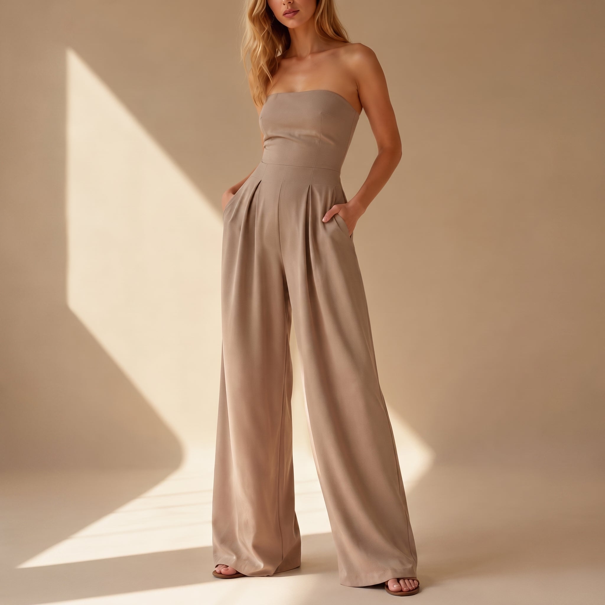 Rosie – Women's Strapless Bandeau Wide-Leg Jumpsuit - One-Pieces - Beige - Taylor & Bennett