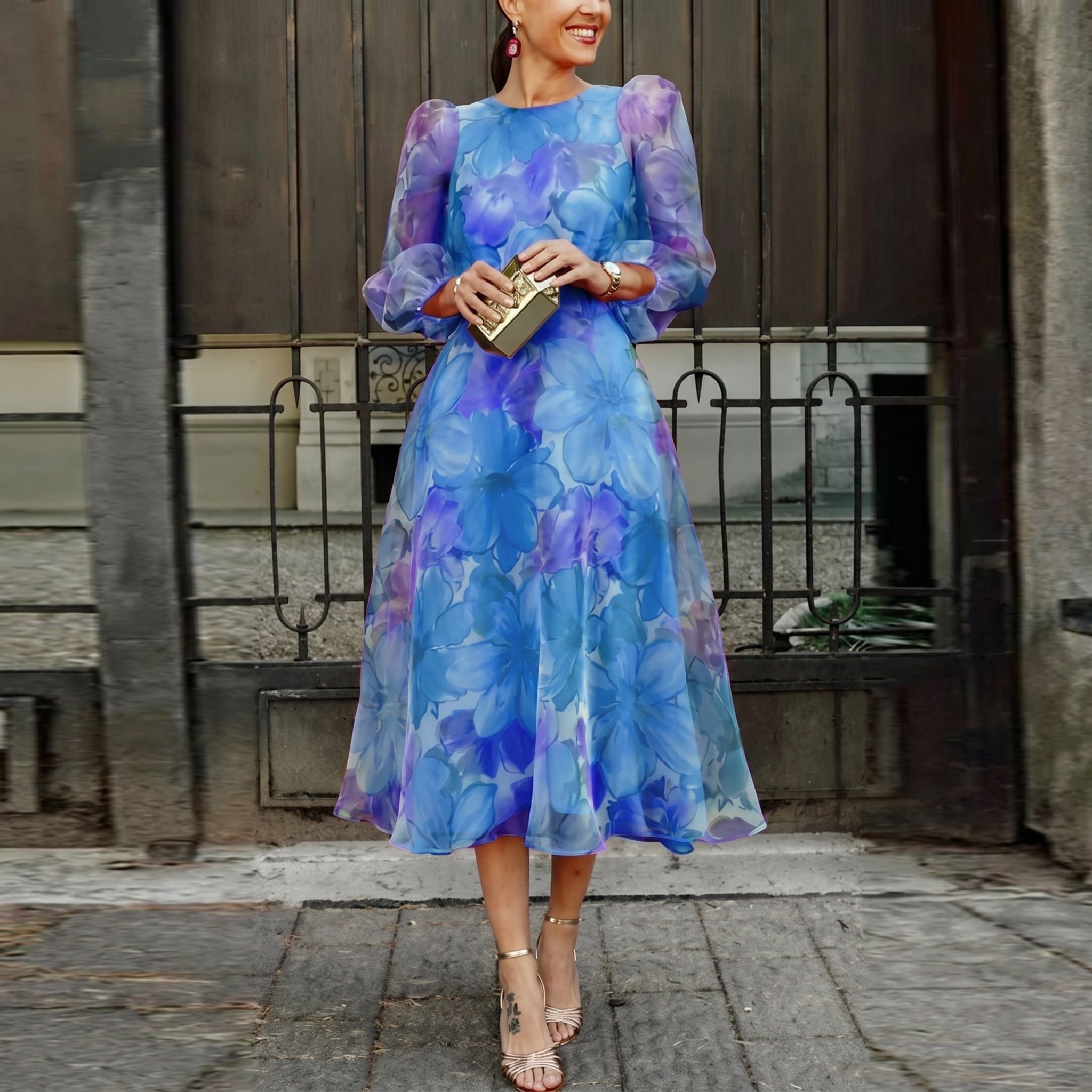 Rosie - Women's Wedding Guest Floral Midi Dress - Midi Dress - Blue - Taylor & Bennett