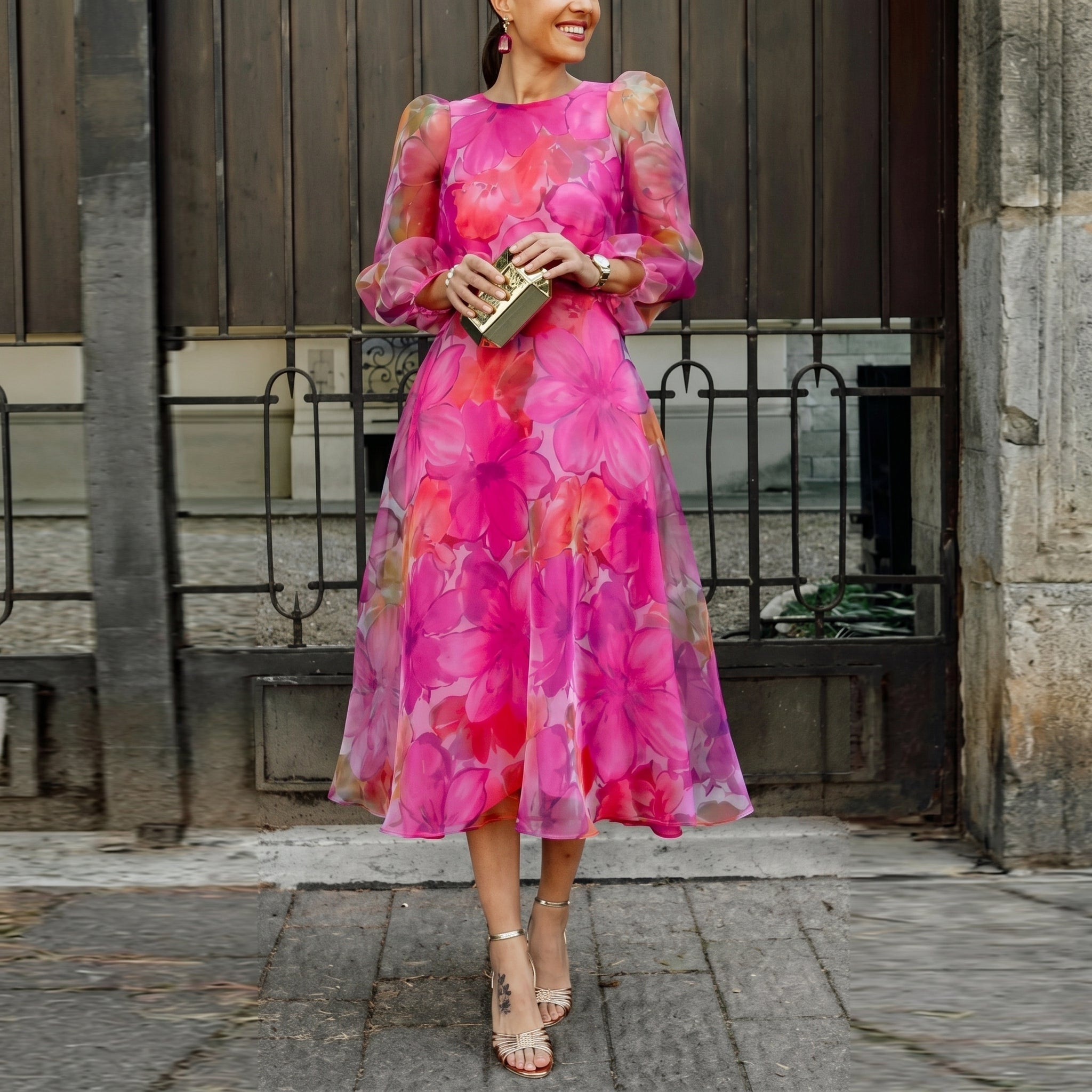 Rosie - Women's Wedding Guest Floral Midi Dress - Midi Dress - Pink - Taylor & Bennett