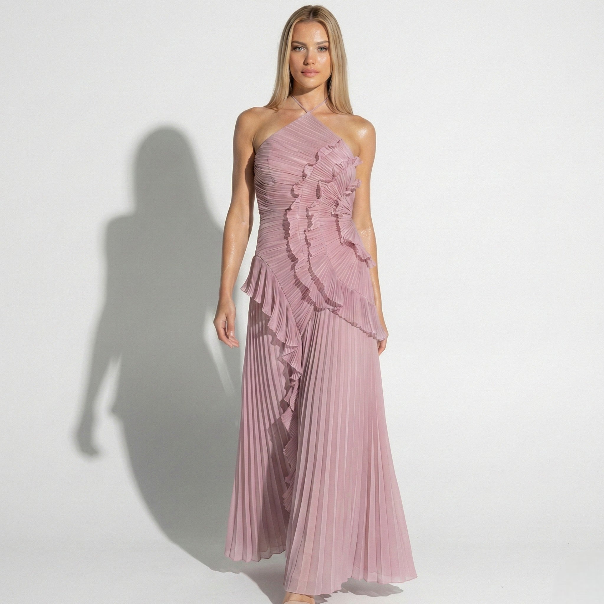 Ruby - Women's Halter Neck Ruffle Pleated Maxi Dress - Dresses - Pink - Taylor & Bennett